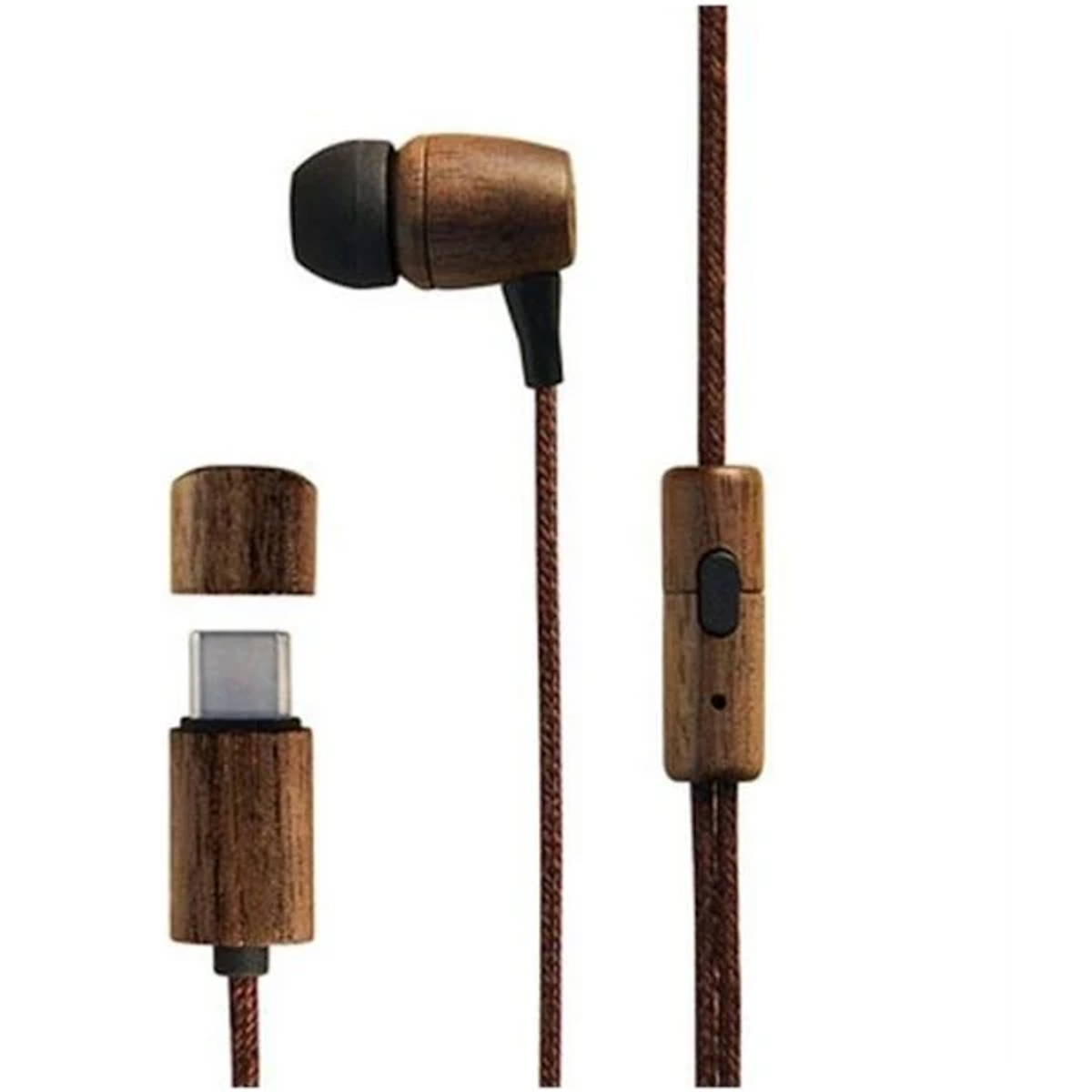 Ohrhörer aus Holz mit Holzsteuerung und USB-C-Anschluss aus Holz. Braunes Kabel.