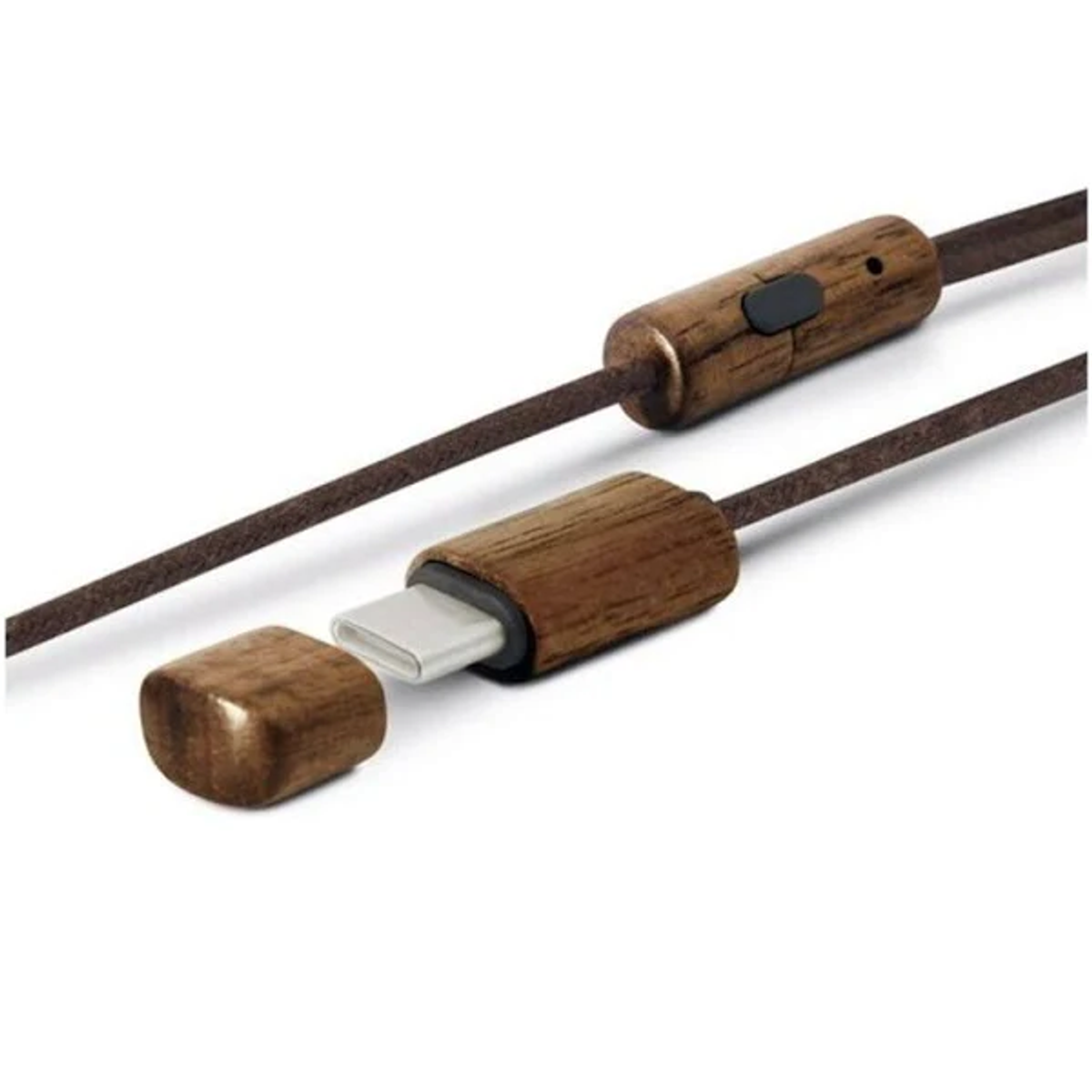USB-C-Kabel aus Holz mit einer Holzabdeckung.