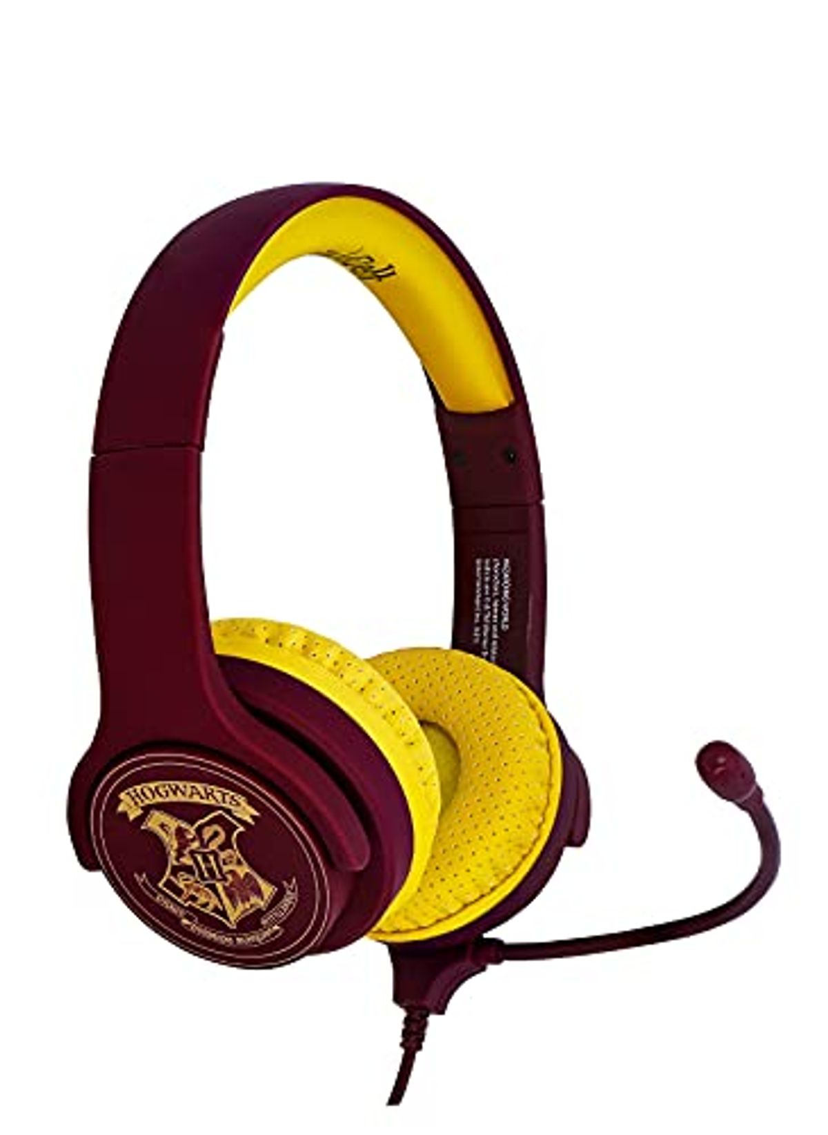Słuchawki z motywem Harry'ego Pottera w kolorach bordowym i żółtym.