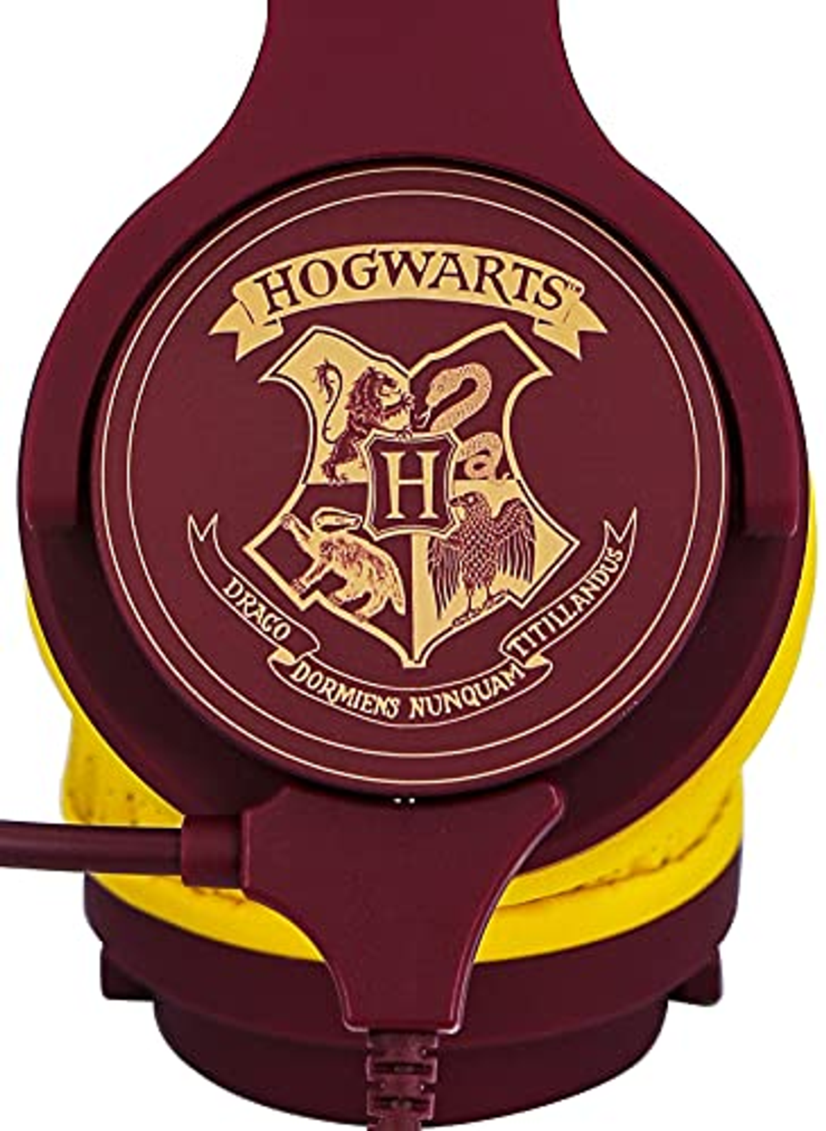 Czerwono-żółte słuchawki Harry'ego Pottera z herbem Hogwartu na muszli i kablem.