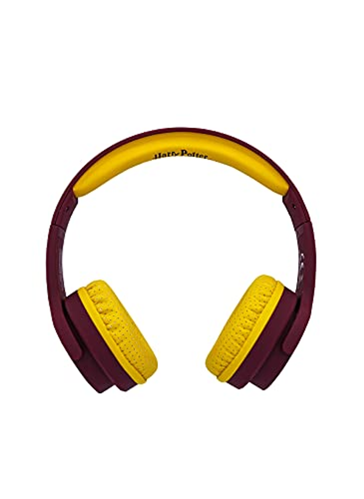 Słuchawki w kolorach żółtym i bordowym. Opaska ma napis Harry Potter.