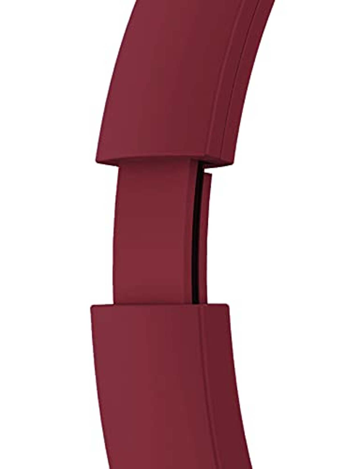 Zbliżenie na bordowy pałąk słuchawek, pokazujące punkt połączenia.