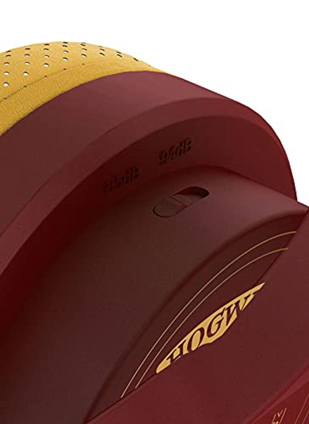 Czerwono-złote słuchawki. Bordowy zewnętrzny, złote detale. Widoczne słowa 'HOGWARTS'. Białe tło.