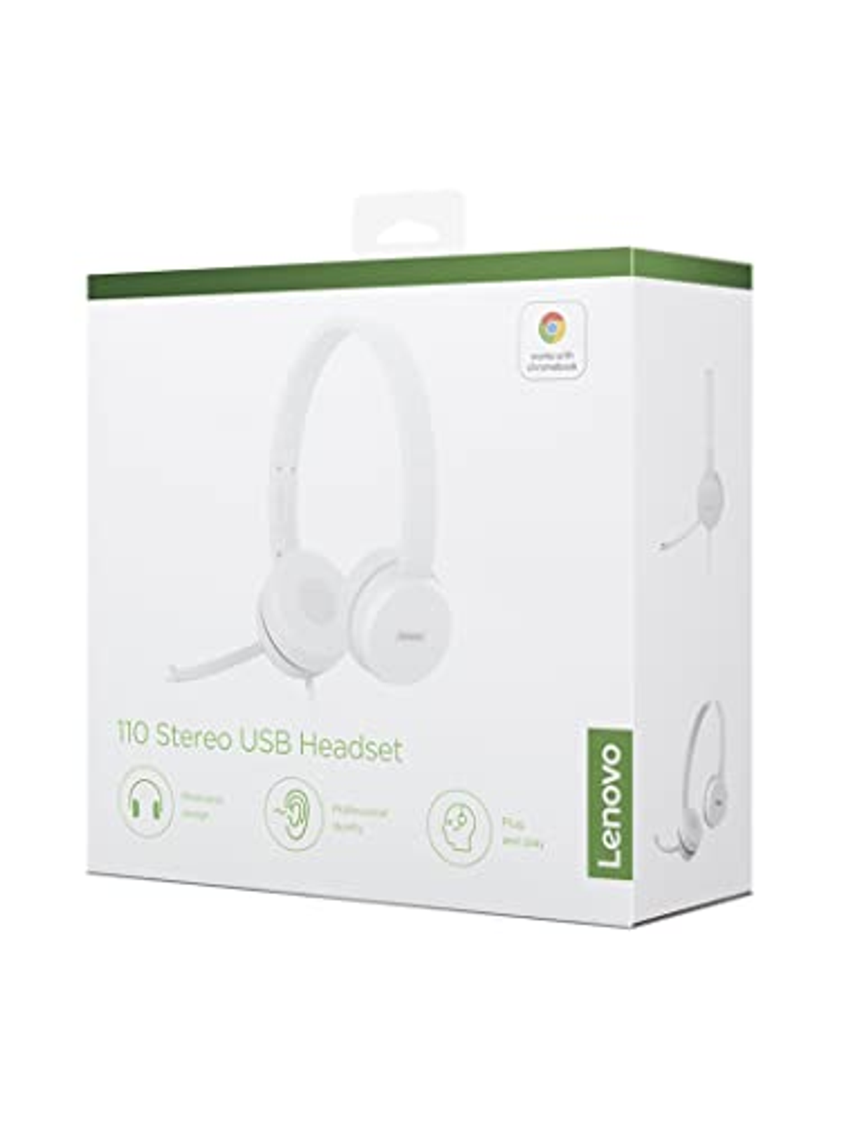 Białe pudełko na słuchawki Lenovo z grafiką i obrazem słuchawek.
