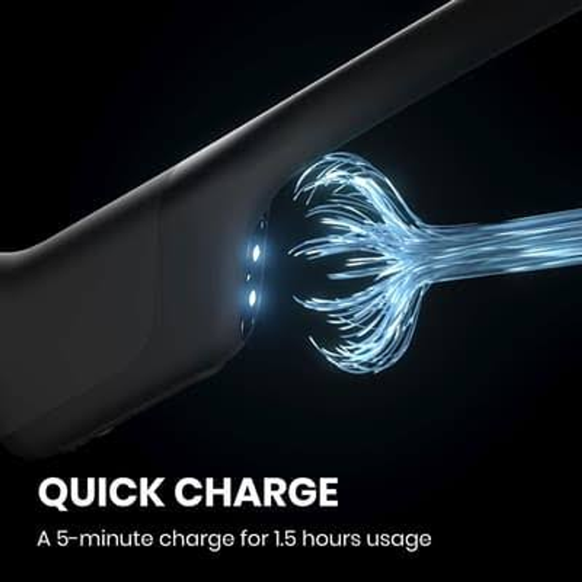 Schwarz-graue Kopfhörer mit blauem Licht. Der Text lautet 'Quick Charge'.