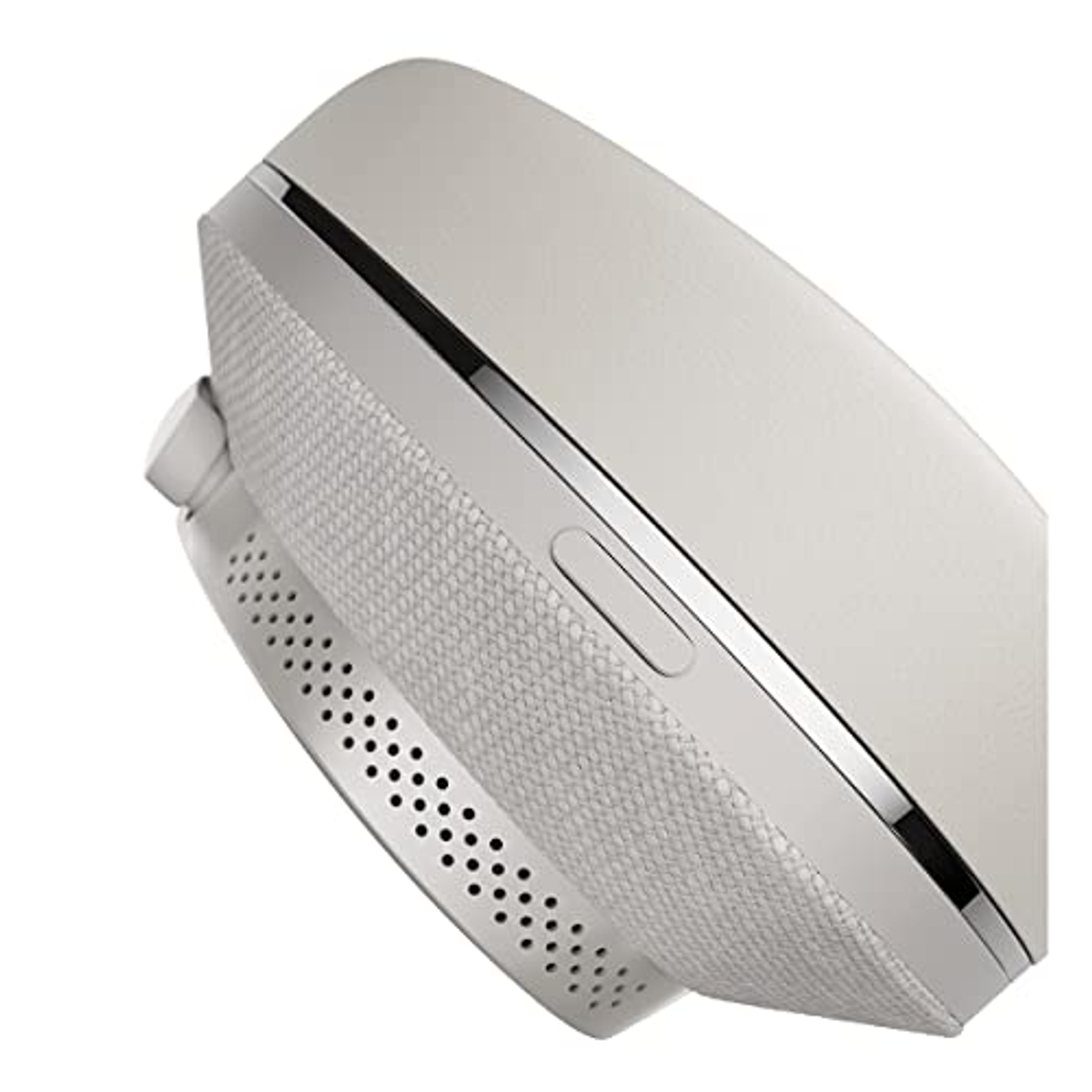 Zbliżenie szarego zestawu słuchawkowego. Ma siatkową tkaninę na nauszniku i przycisk z boku.