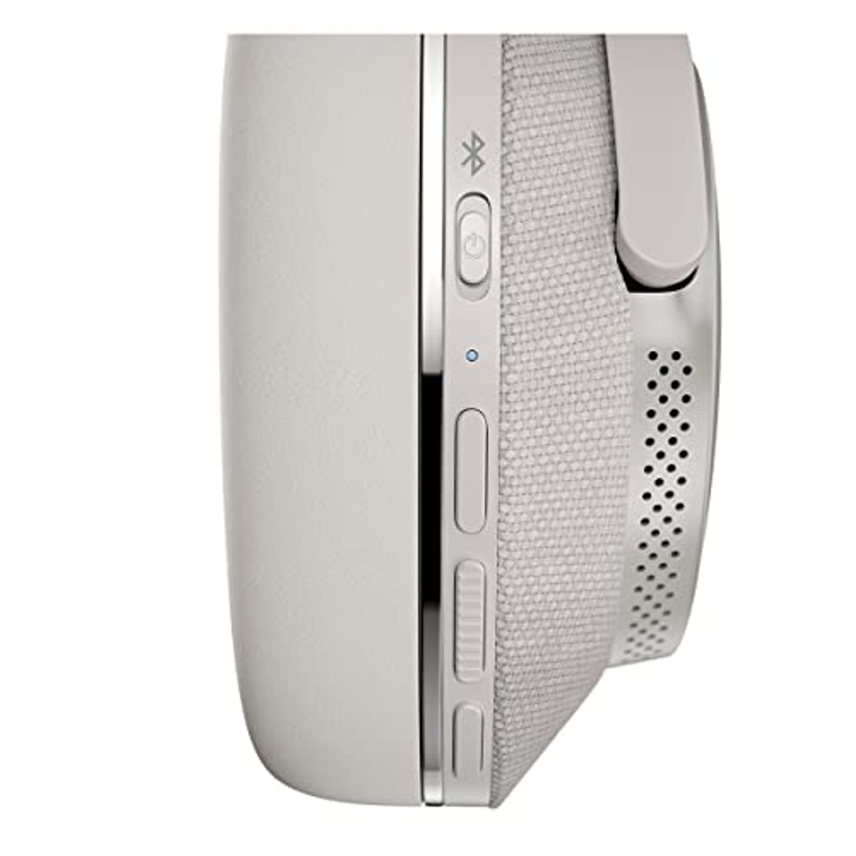 Zbliżenie jasnoszarego zestawu słuchawkowego z przyciskami i materiałowym bokiem.