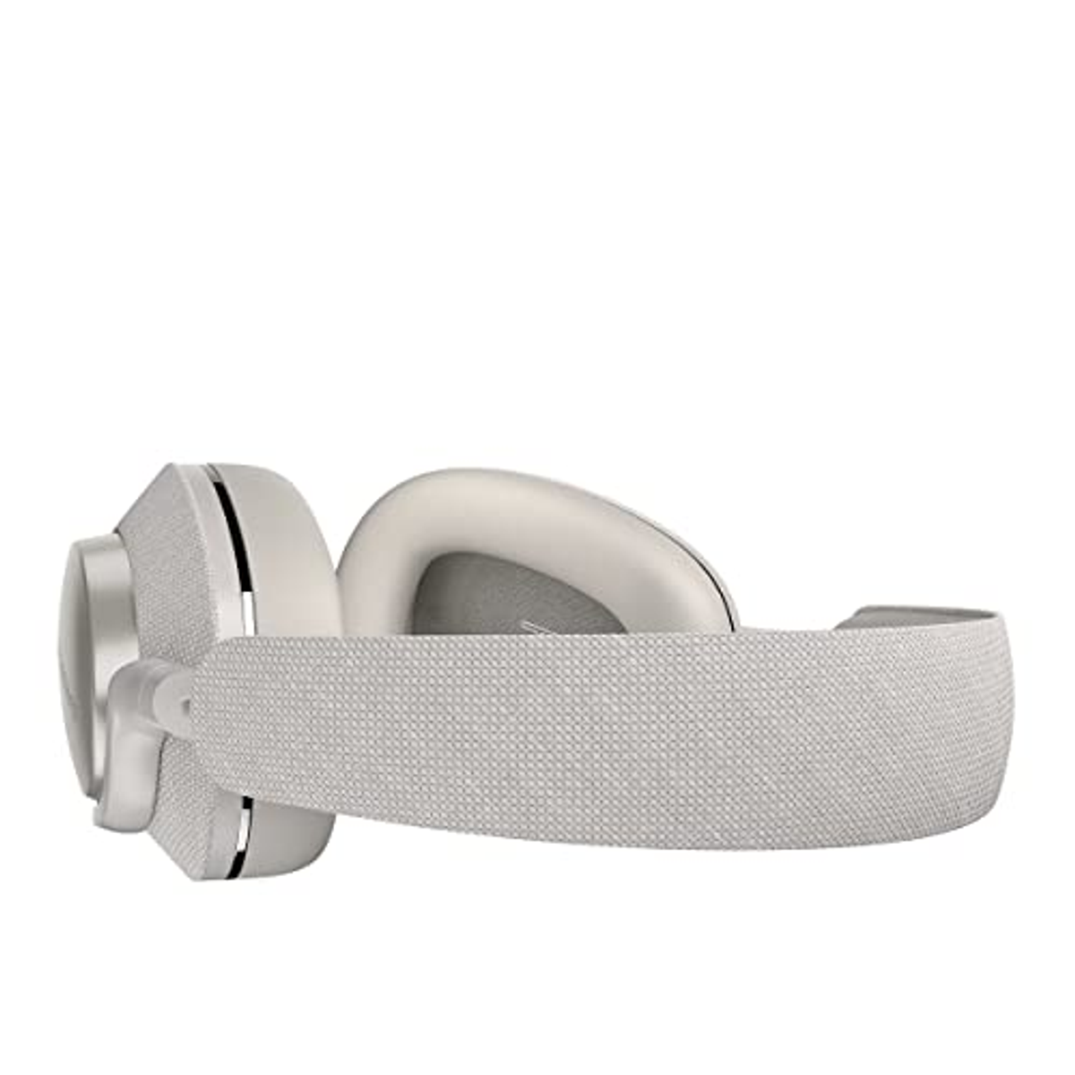 Widok z boku białych słuchawek z materiałowym pałąkiem i srebrnymi akcentami, na białym tle.