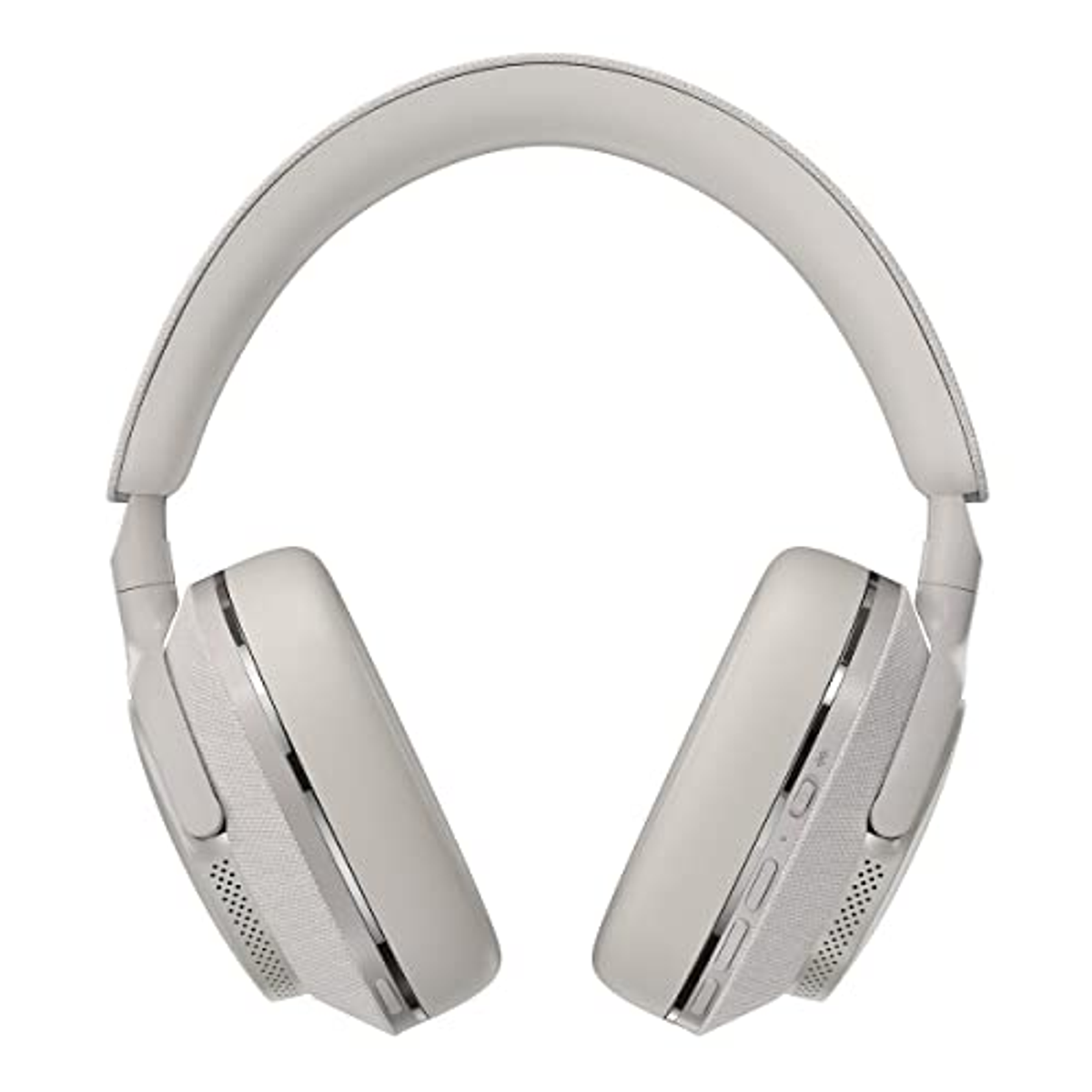 Białe słuchawki z zaokrąglonym pałąkiem i nausznikami. Widok z boku, na czystym białym tle.