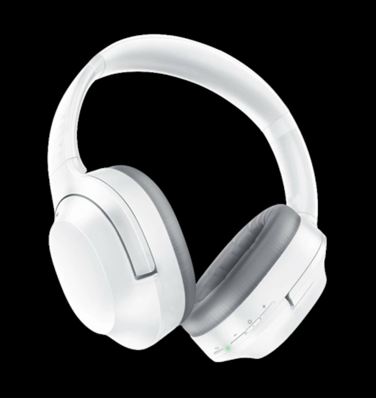 Białe słuchawki. Biały pałąk i nauszniki. Przyciski na prawym nauszniku. Czarne tło.