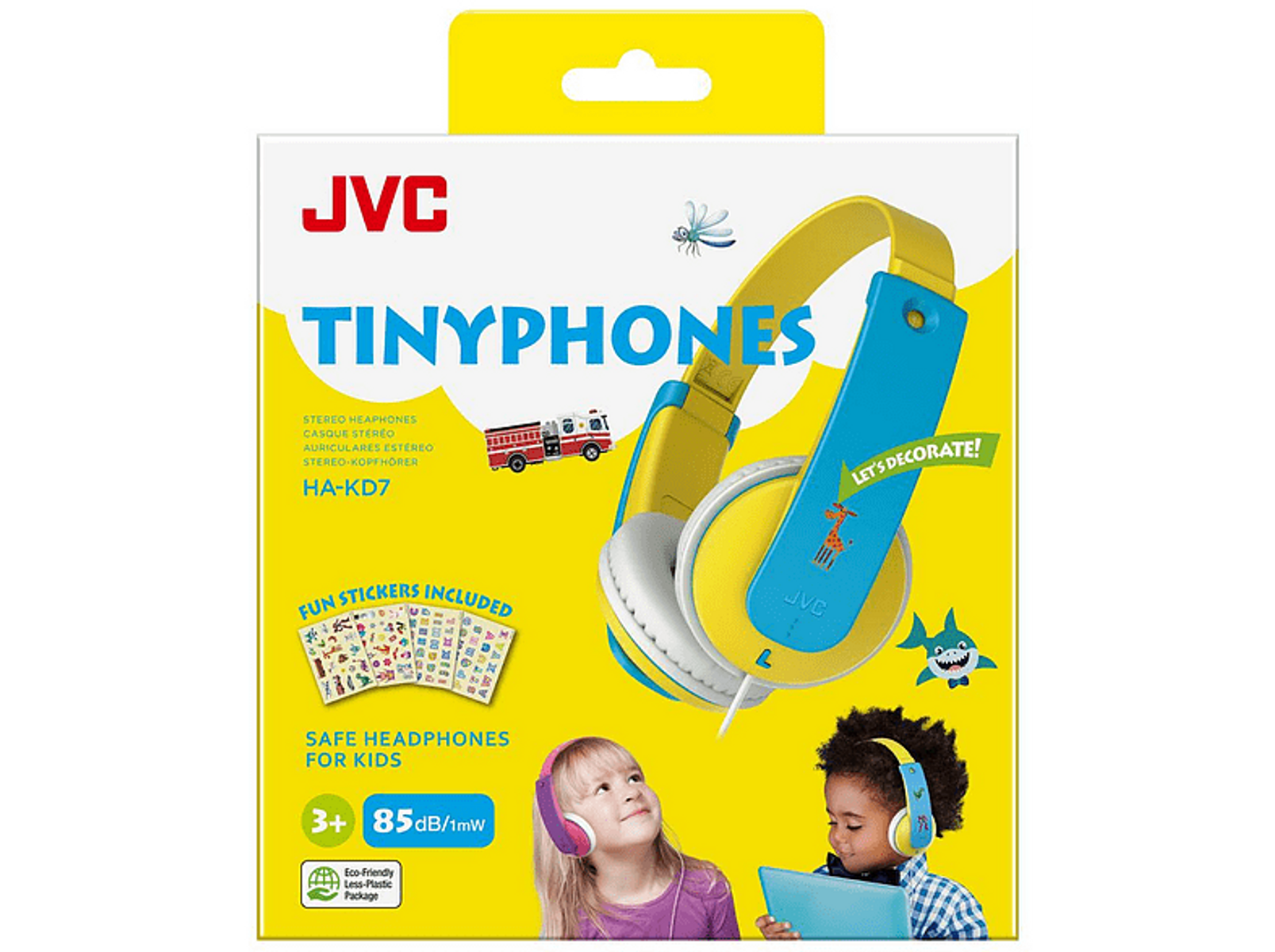 Pudełko ze słuchawkami i naklejkami. Kolorowy design. Słuchawki są niebieskie i żółte. Dla dzieci.