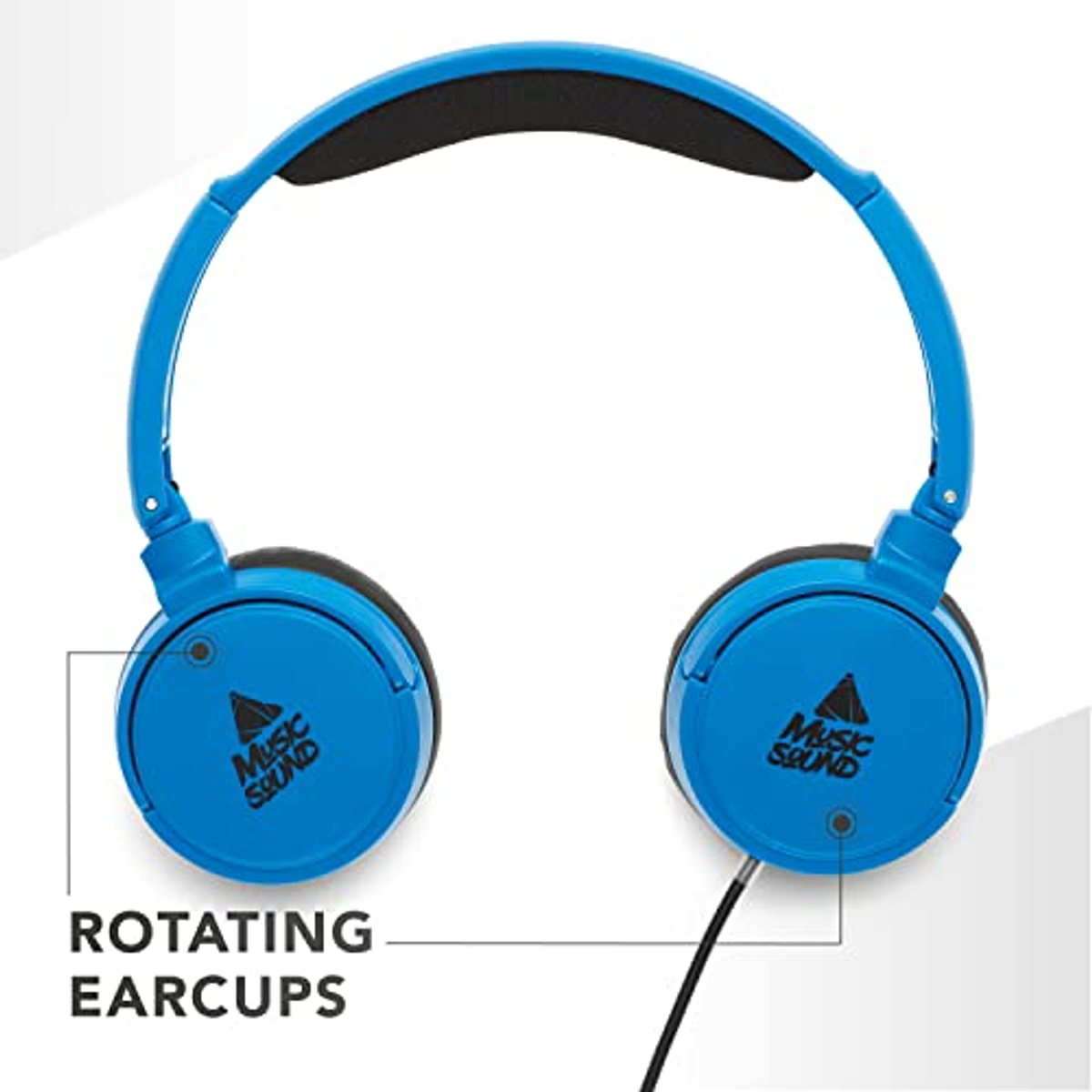 Blaue Kopfhörer mit schwarzen Ohrmuscheln. Text: DREHENDE OHRMUSCHELN. Music Sound Logo vorhanden.