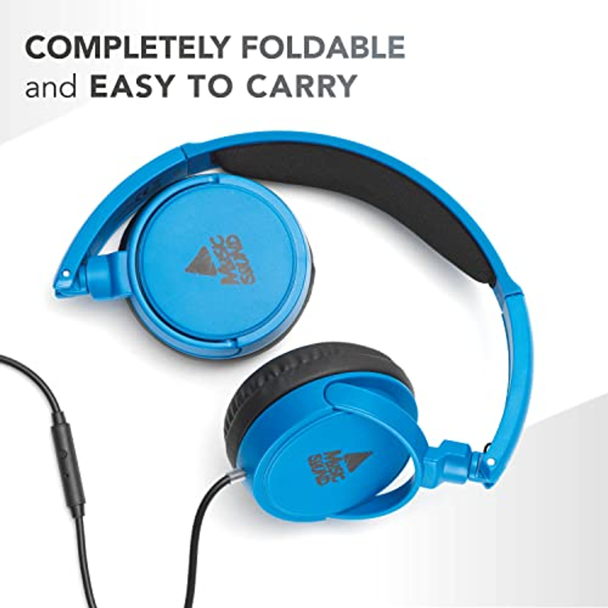 Blaue Kopfhörer auf weißer Oberfläche. Der Text lautet 'Completely Foldable' und 'Easy to Carry'.
