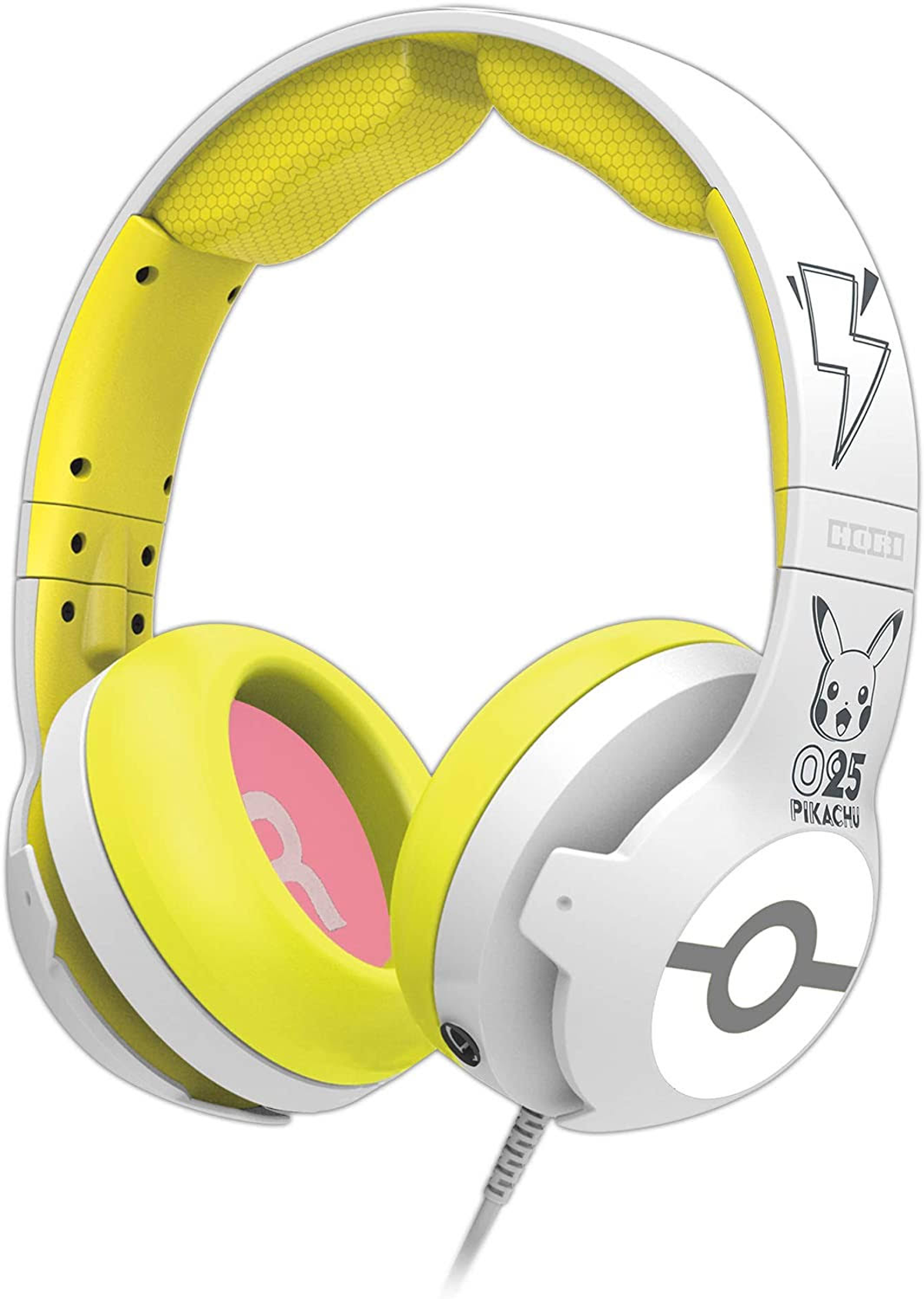 Cuffie a tema Pokémon bianche e gialle. Grafica di Pikachu sui padiglioni.
