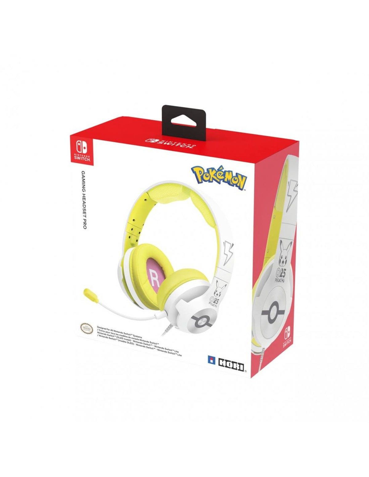 Cuffie da gaming a tema Pokémon in una scatola. Scatola rossa con cuffie gialle e bianche, microfono e logo.