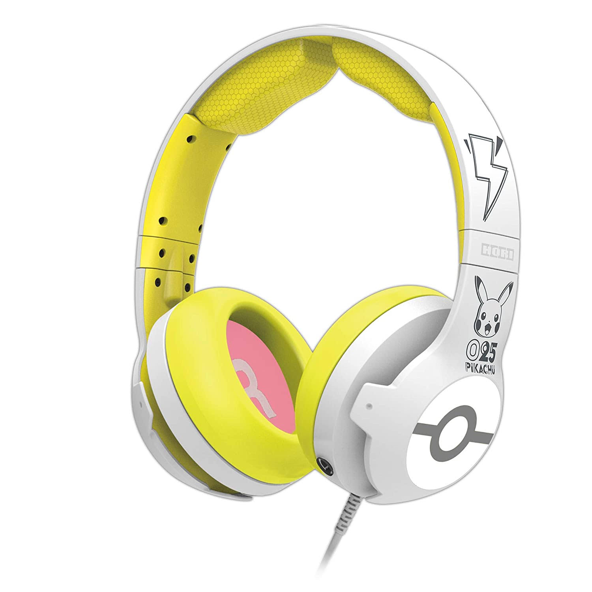 Cuffie Pikachu bianche e gialle. I padiglioni sono gialli con l'interno rosa, e l'archetto è bianco.