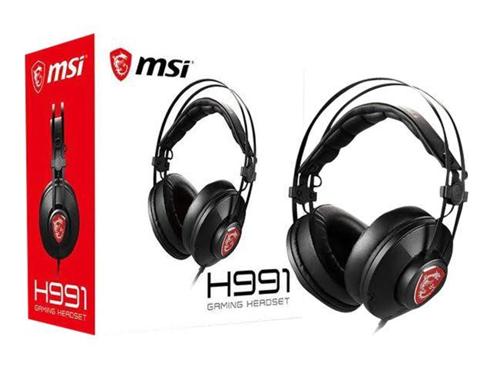Caja y auriculares MSI gaming sobre fondo blanco.
