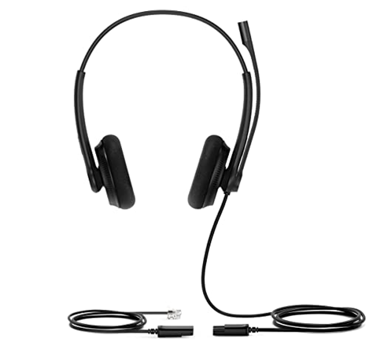 Auriculares negros con dos auriculares y un micrófono. Dos conectores para el cable abajo.