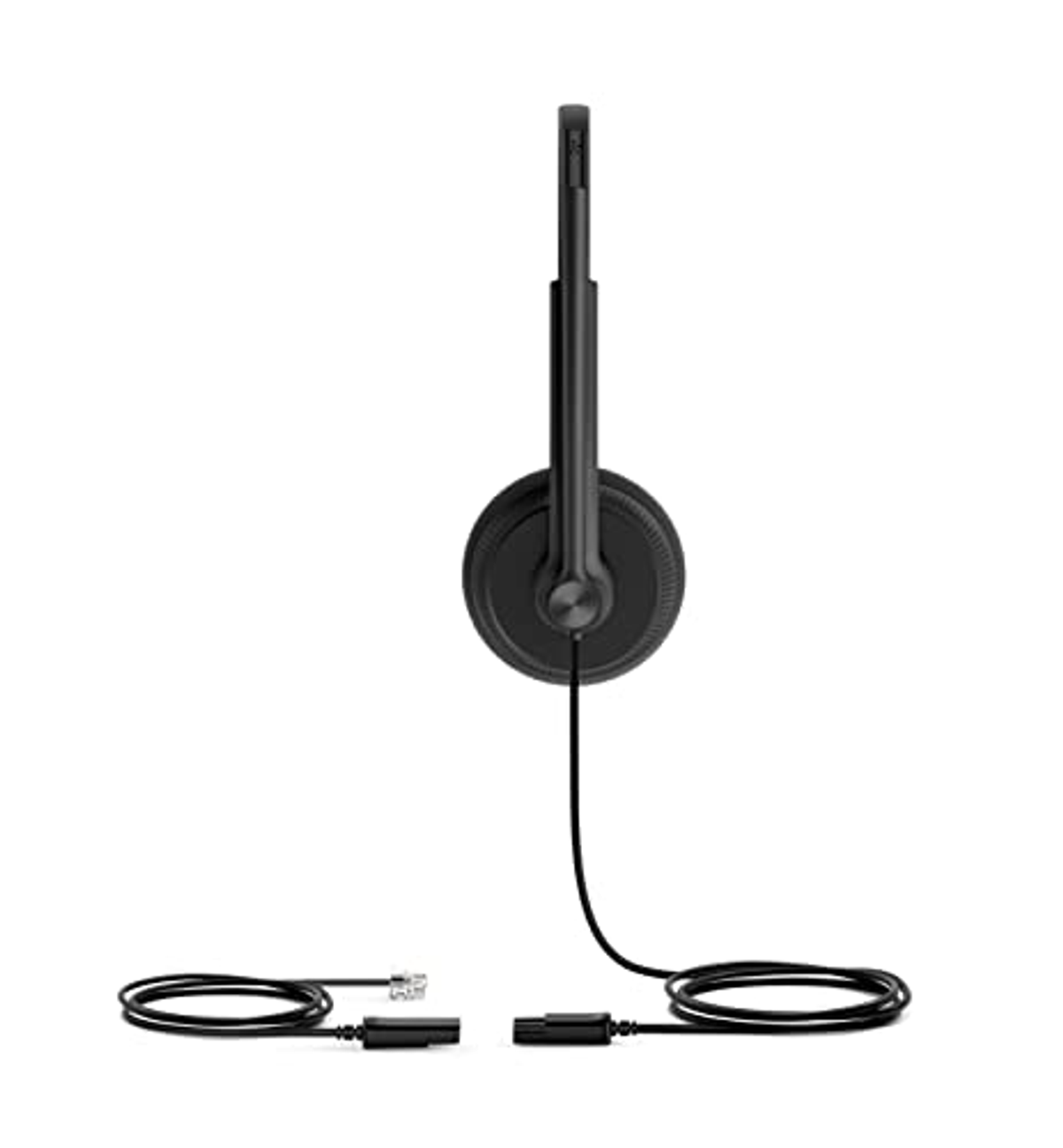 Auriculares negros con una sola copa y cable recto. Fondo blanco.