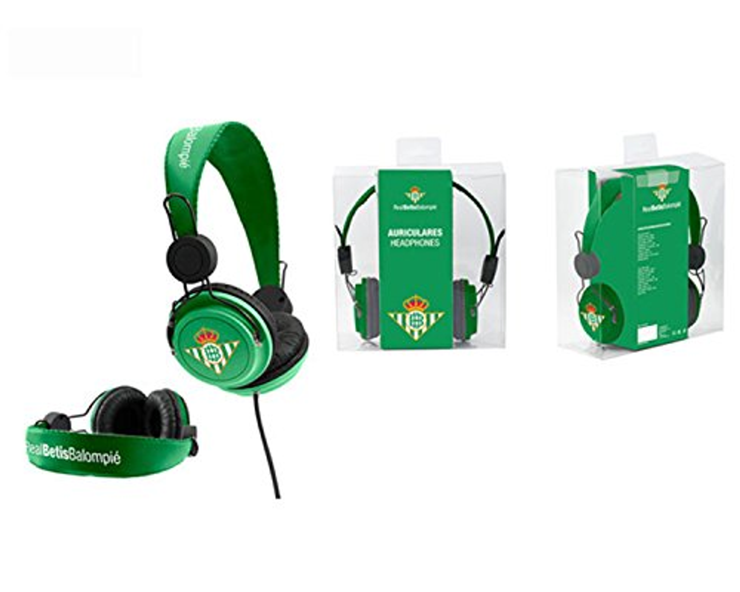 Auriculares verdes y negros, dentro y fuera del embalaje. Texto: 'Real Betis Balompié'.