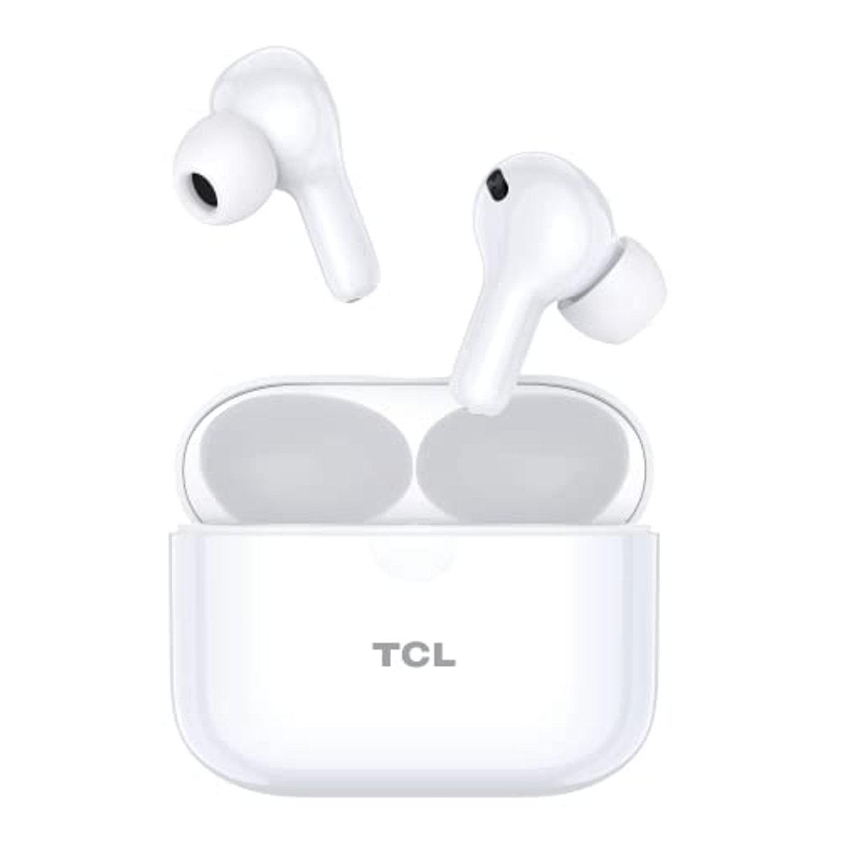 Weiße Ohrhörer in einem Ladeetui, mit der Marke TCL auf dem Etui.