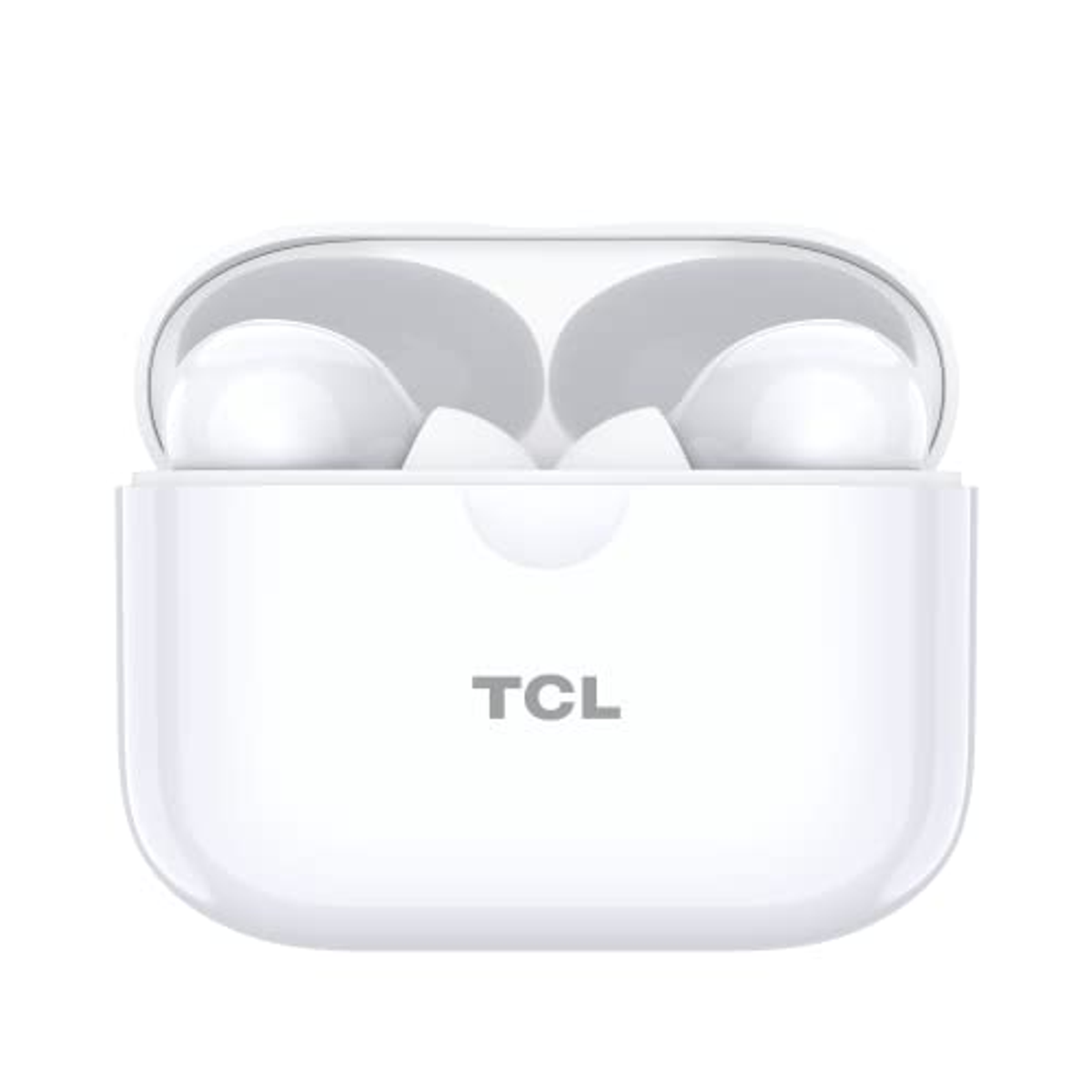Weiße Ohrhörer in einem weißen Etui. Auf dem Etui steht das Wort 'TCL'.