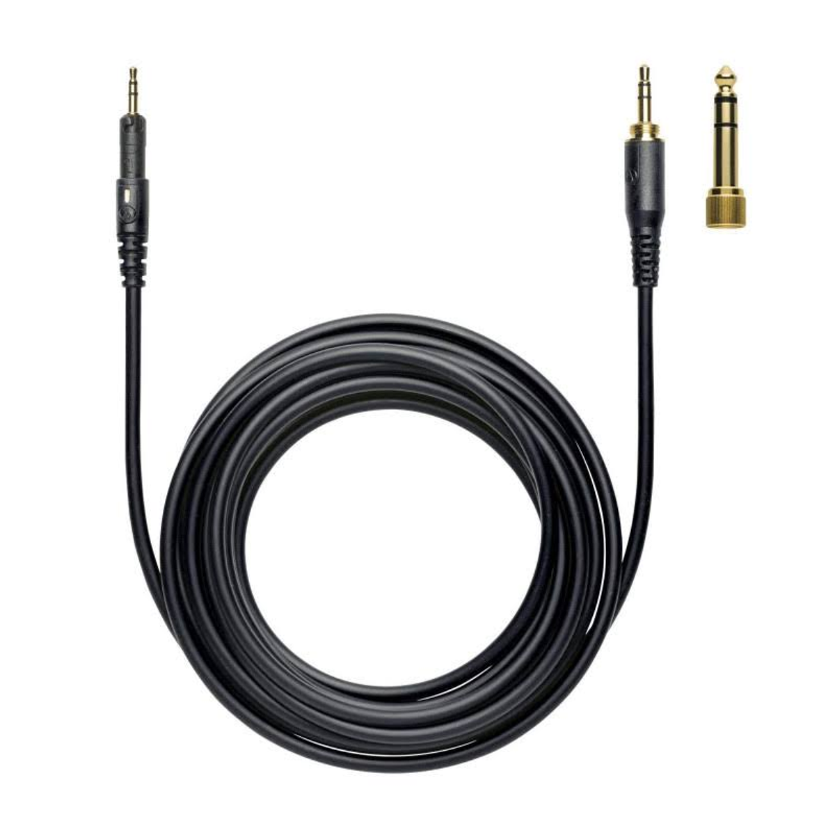 Schwarzes Kabel mit zwei Buchsen. Eine ist eine 3,5-mm-Buchse, die andere eine 6,35-mm-Buchse.