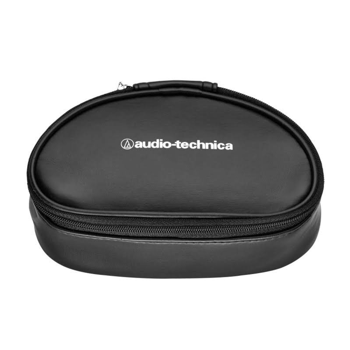 Schwarzes, ovales Kopfhörer-Etui mit Reißverschluss und dem Audio-Technica-Logo.