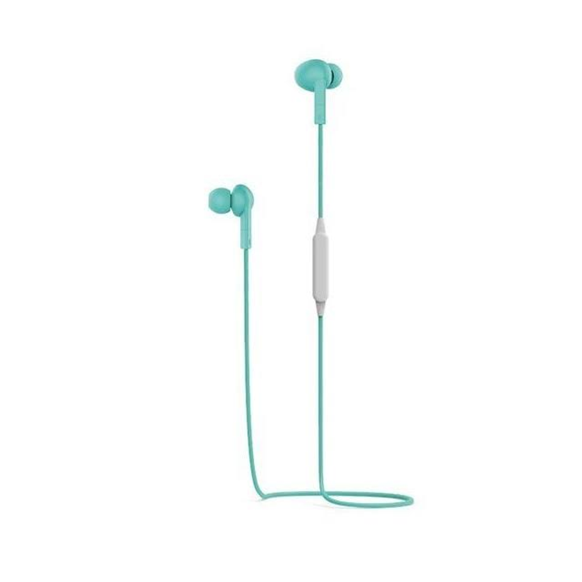 Para turkusowych słuchawek z białym pilotem inline na białym tle.