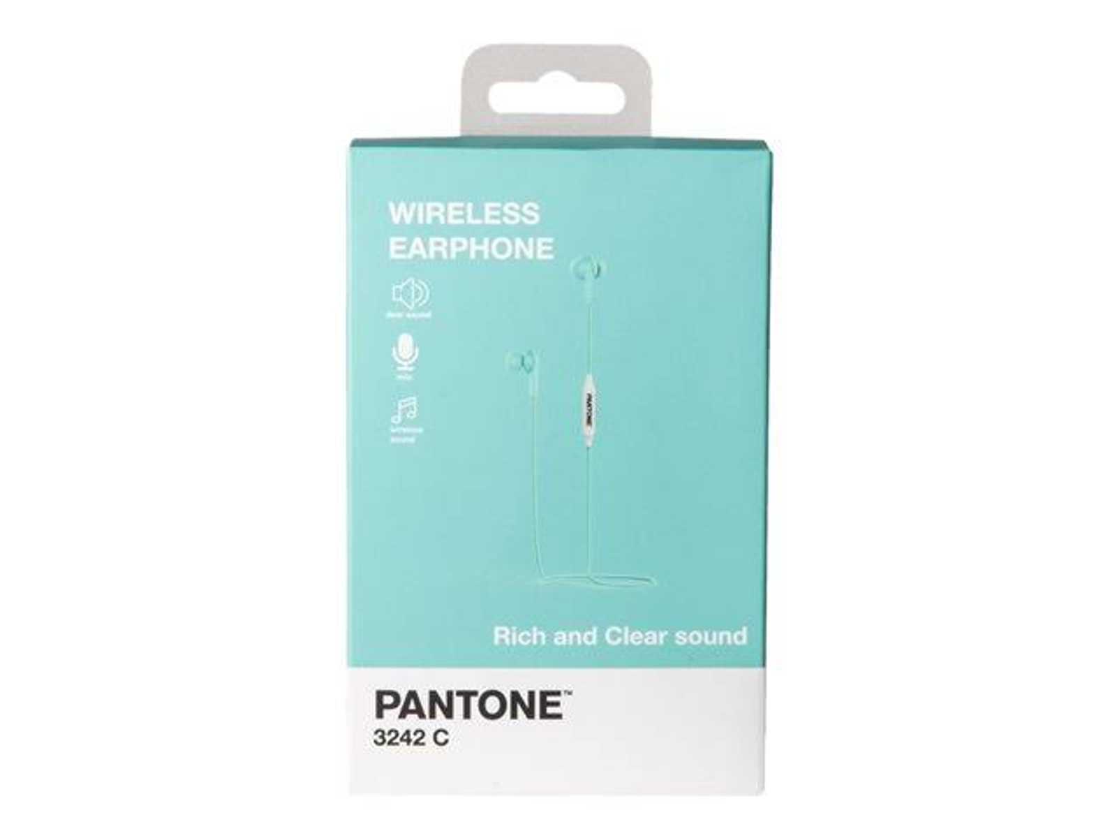 Turkusowe pudełko z białym tekstem i słuchawkami w środku. Słuchawki są jasnoturkusowe.