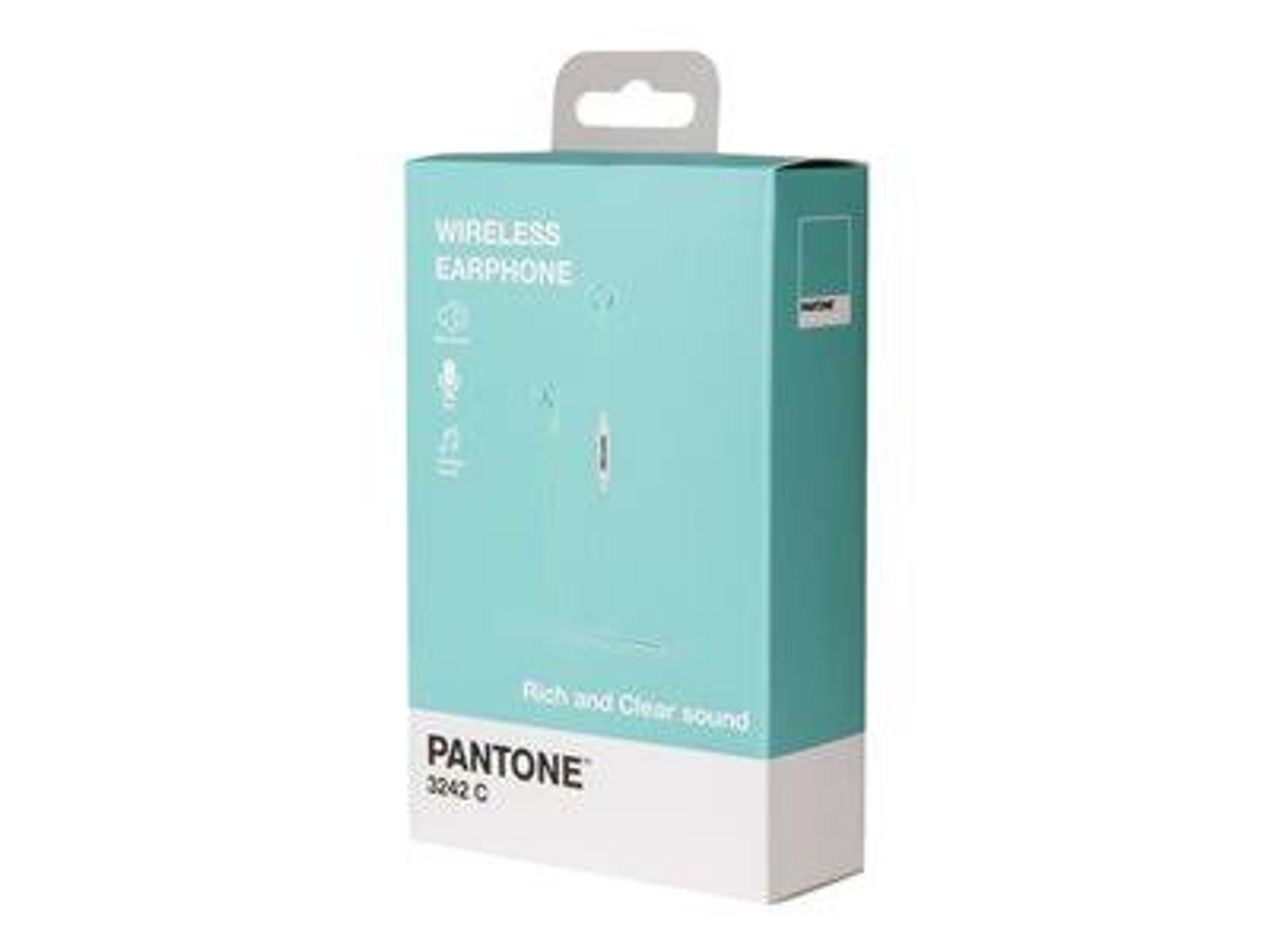 Pudełko słuchawek. Turkusowe pudełko. Tekst: 'WIRELESS EARPHONE', 'PANTONE'. Białe tło.