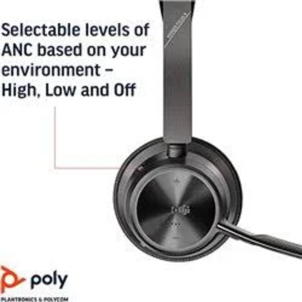 Słuchawki z mikrofonem. Tekst wyjaśnia poziomy ANC (Wysoki, Niski, Wyłączony) na białym tle.