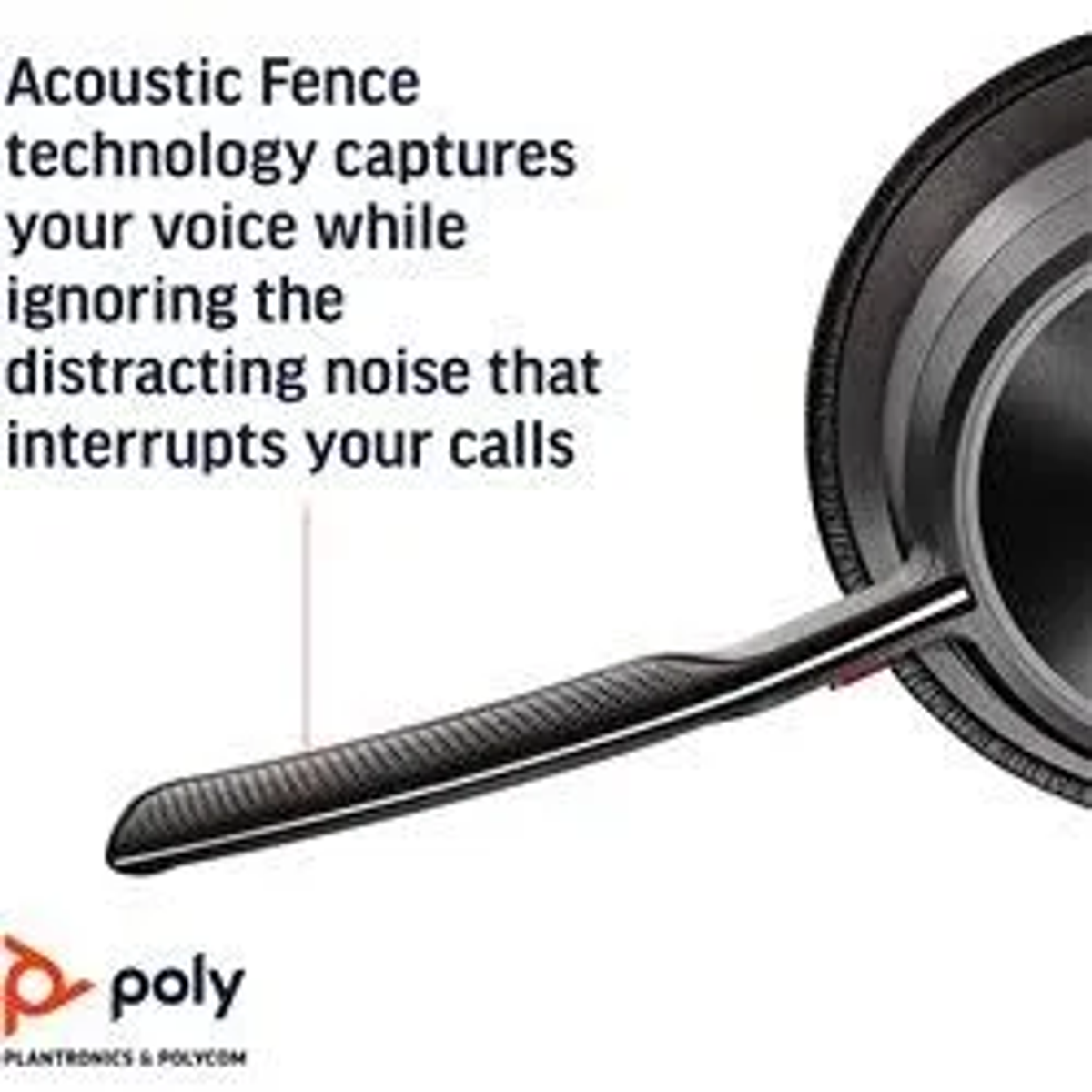 Zbliżenie słuchawek. Tekst: Technologia Acoustic Fence przechwytuje Twój głos, ignorując szumy.