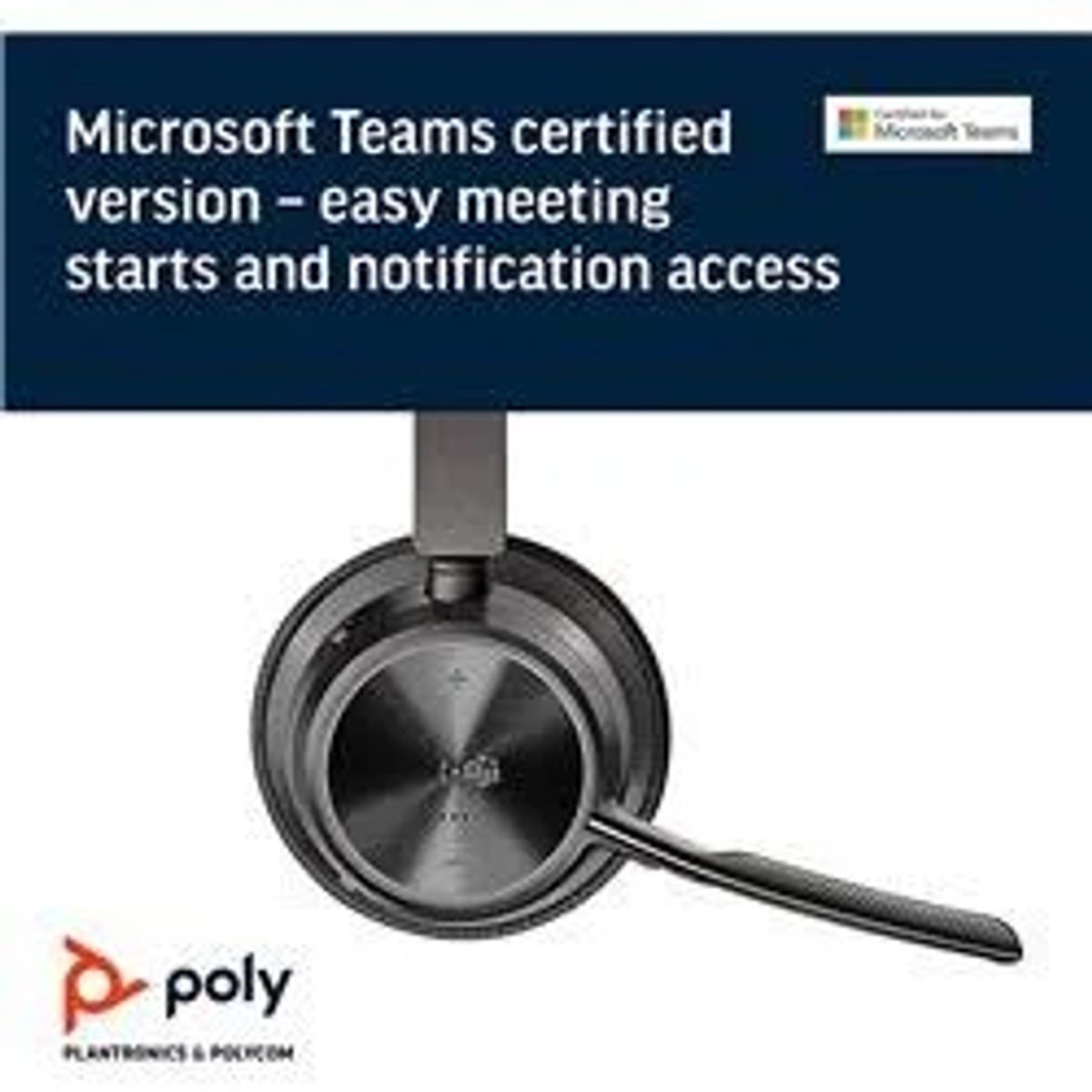 Czarny zestaw słuchawkowy z mikrofonem. Tekst wskazuje certyfikat Microsoft Teams.