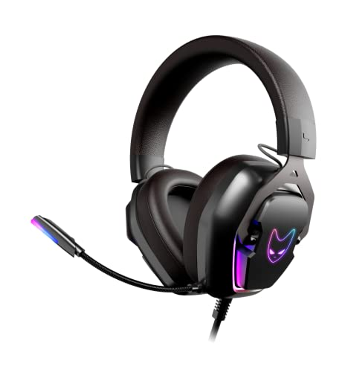 Cuffie da gioco nere con microfono e luci RGB, con logo gatto. Sfondo bianco.