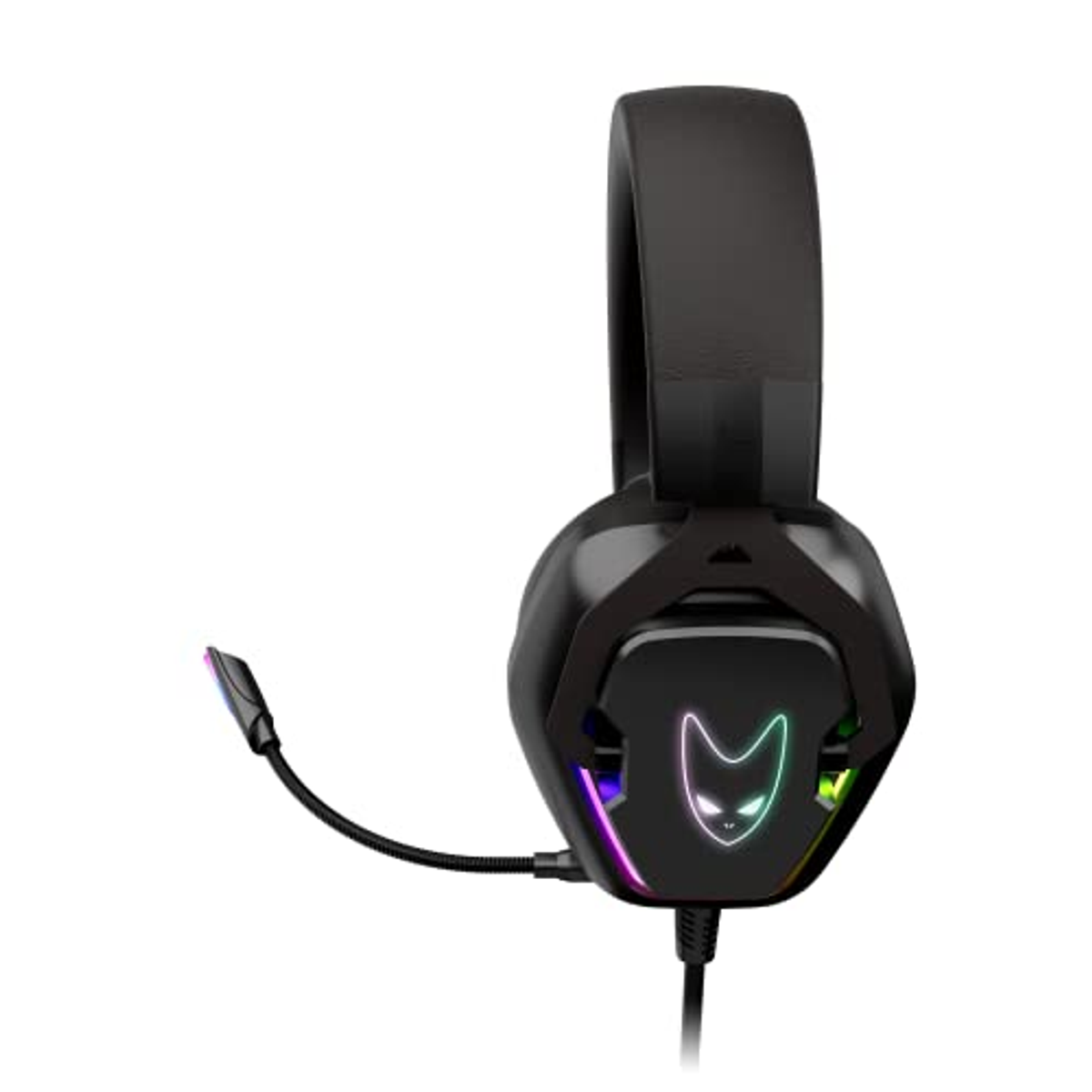 Cuffie nere con microfono. Le cuffie hanno luci RGB.