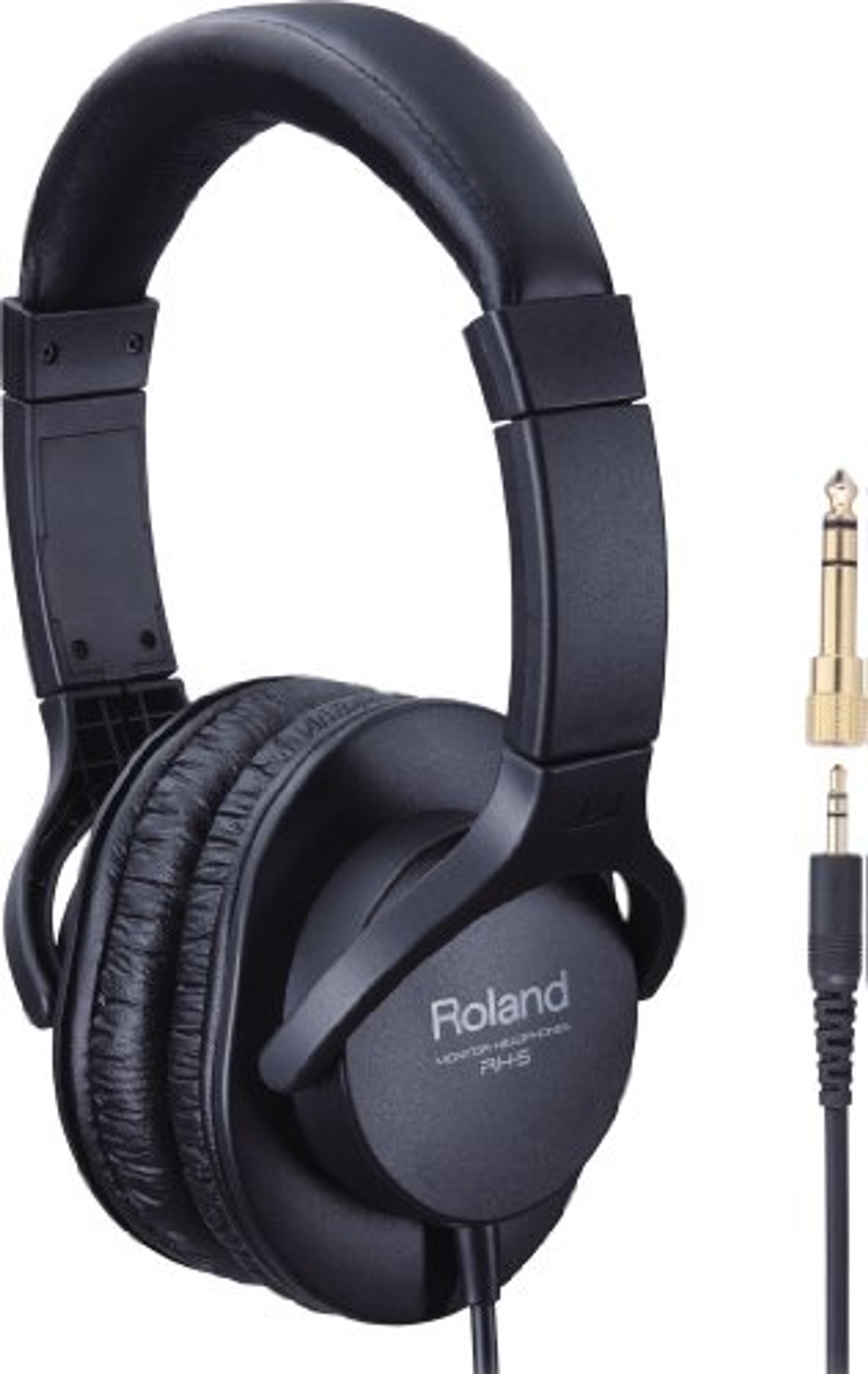 Casque Roland noir avec câble et prise jack dorée et noire.