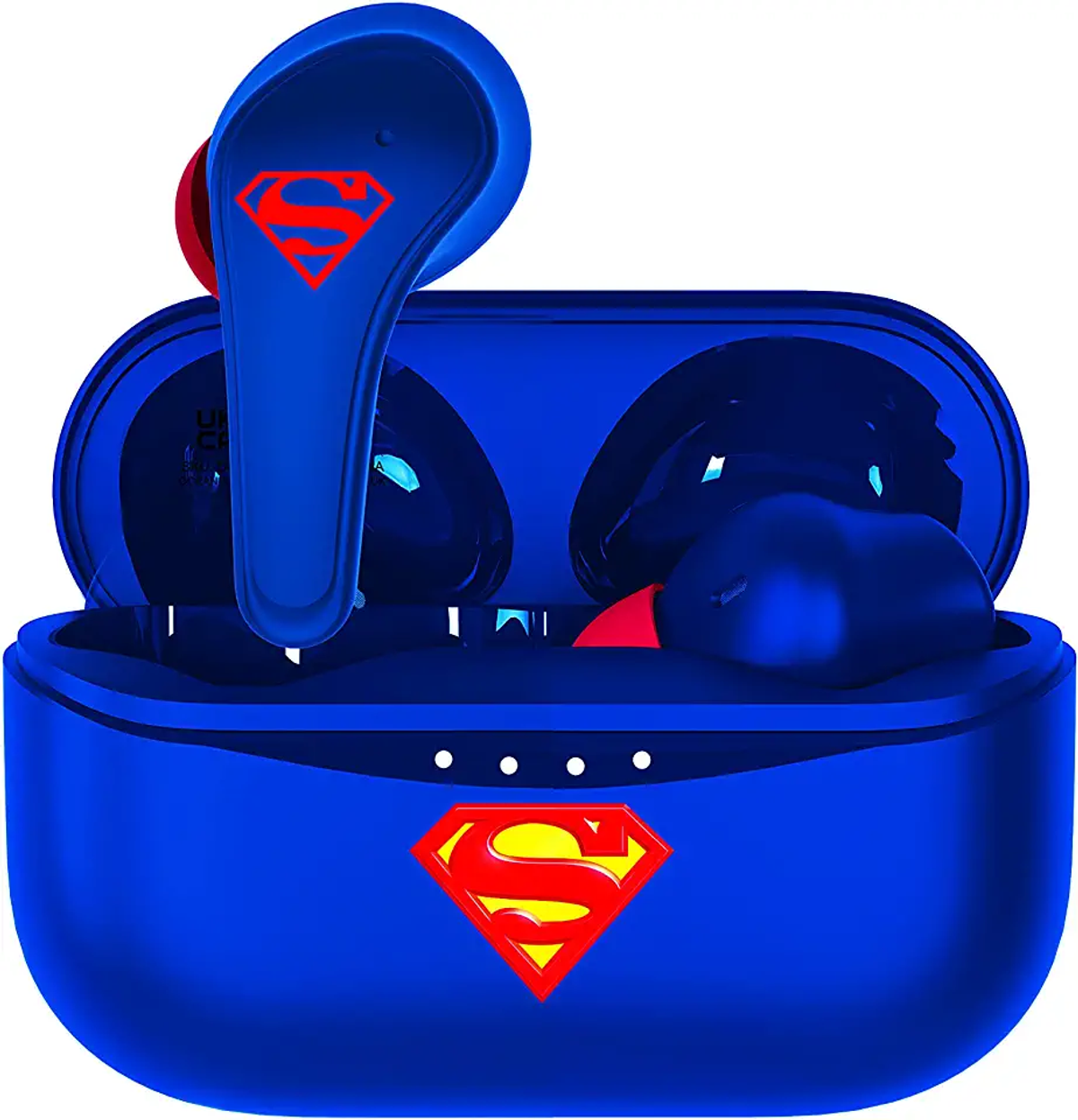 Niebieskie słuchawki Superman w niebieskim etui. Etui i słuchawki mają logo Supermana. Widoczne są również czerwone akcenty.