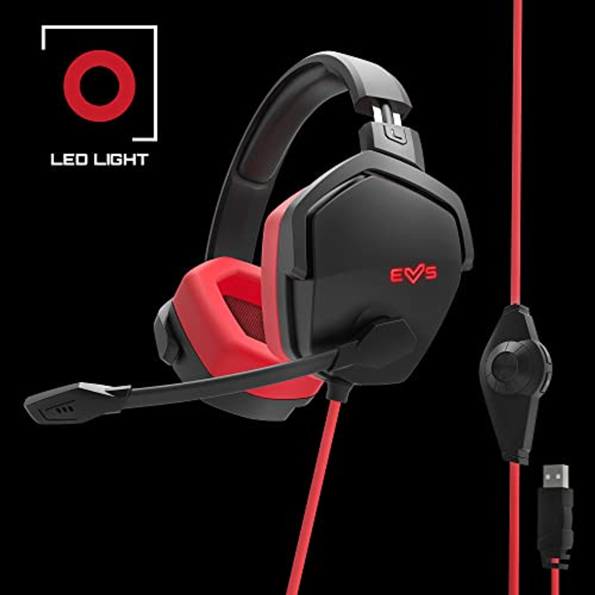 Czarno-czerwony zestaw słuchawkowy dla graczy. Posiada mikrofon i światło LED.