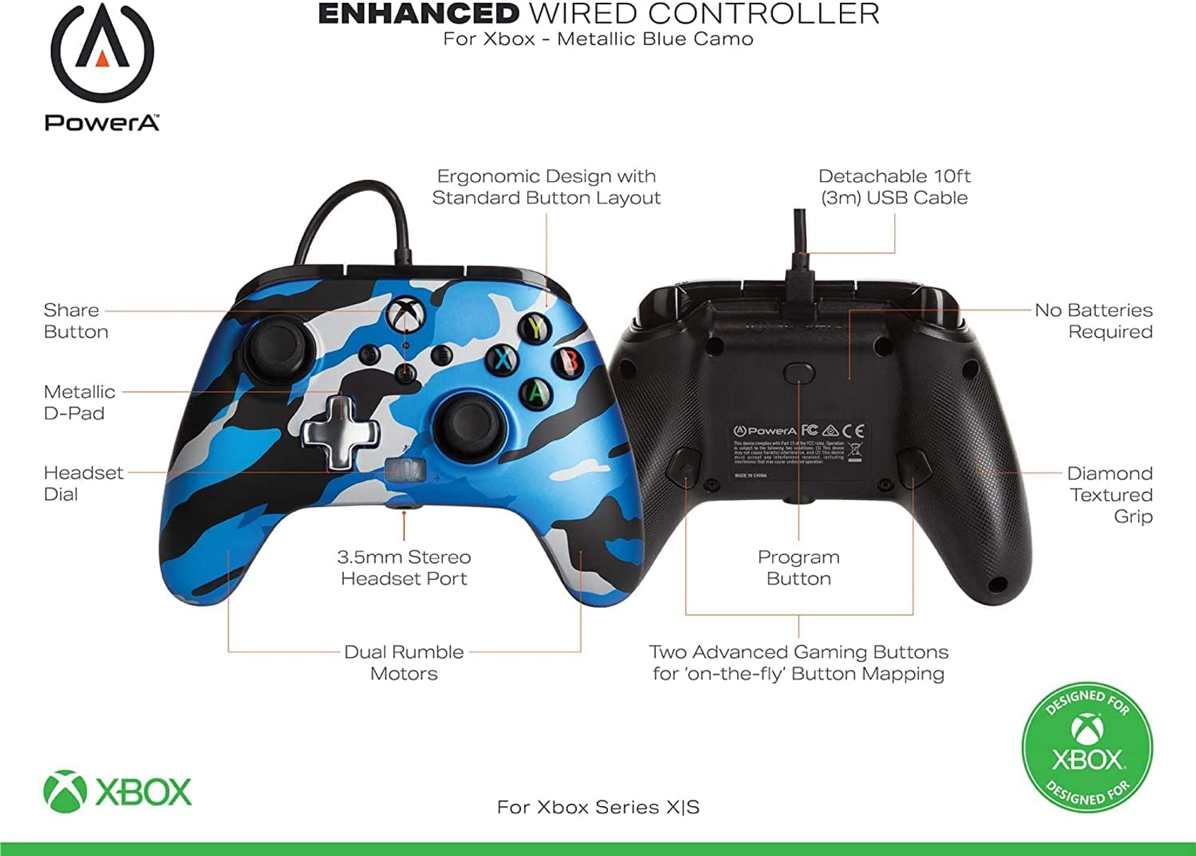Controller Xbox con design mimetico blu che mostra pulsanti, porte e cavo USB. Viste dall'alto e dal basso.