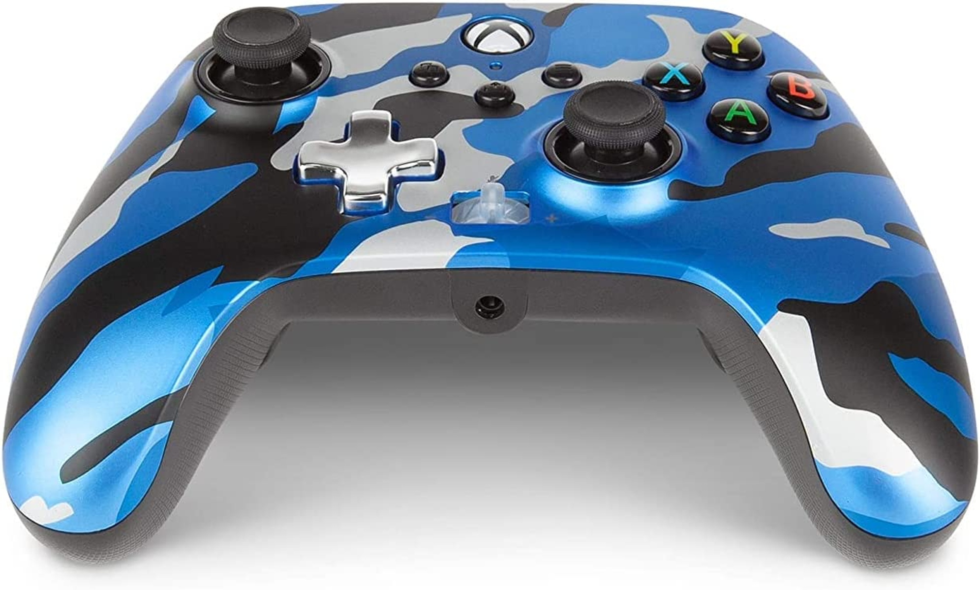 Controller Xbox blu mimetico con joystick e pulsanti neri.