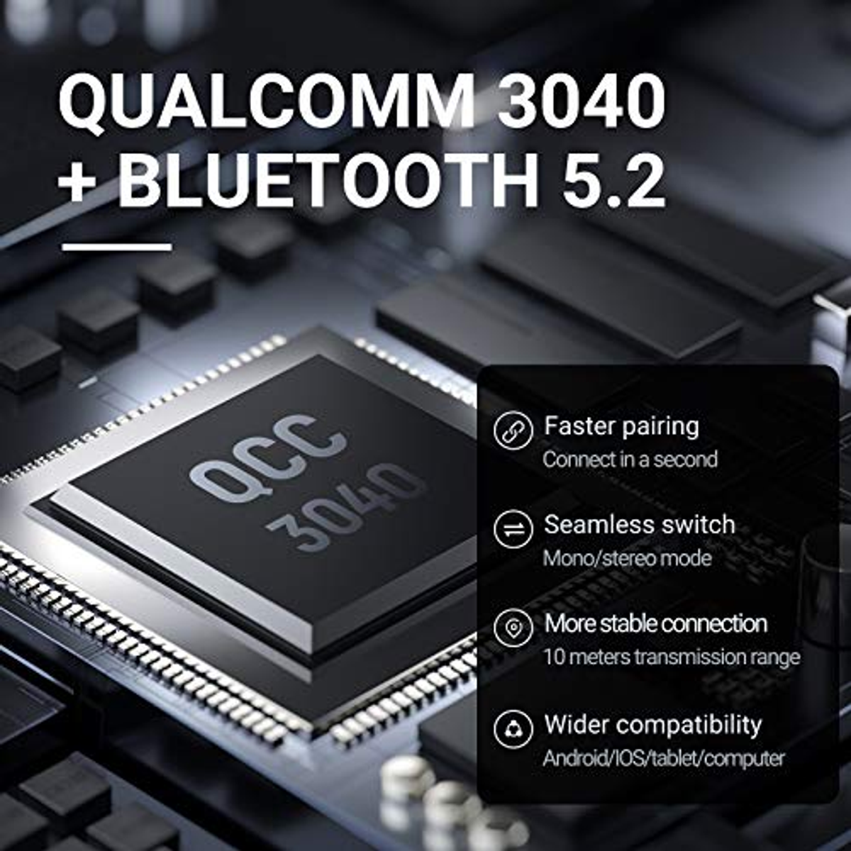 Primo piano del chip Qualcomm 3040 con funzionalità Bluetooth 5.2.