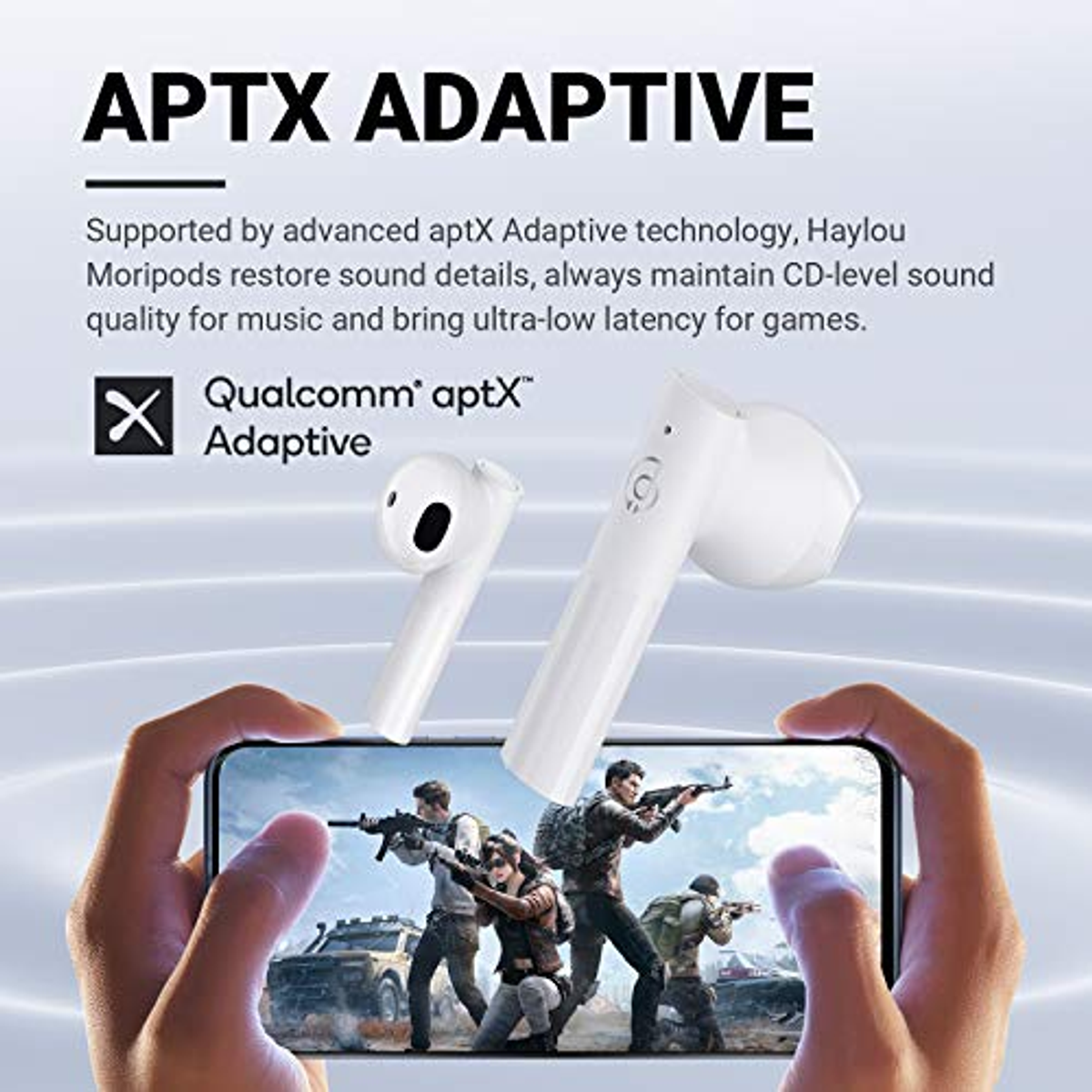 Auricolari bianchi sopra un telefono che mostra un gioco. APTX Adaptive.