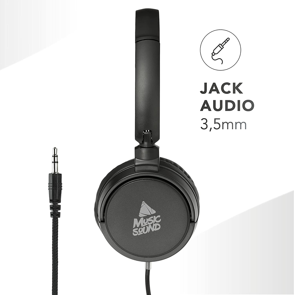 Auriculares negros con símbolo de audio jack y texto de 3,5 mm.