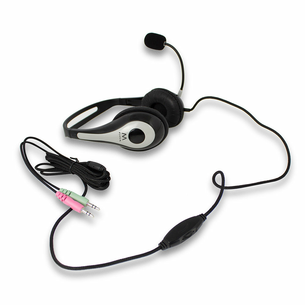Auriculares blancos y negros con micro. Fondo blanco.
