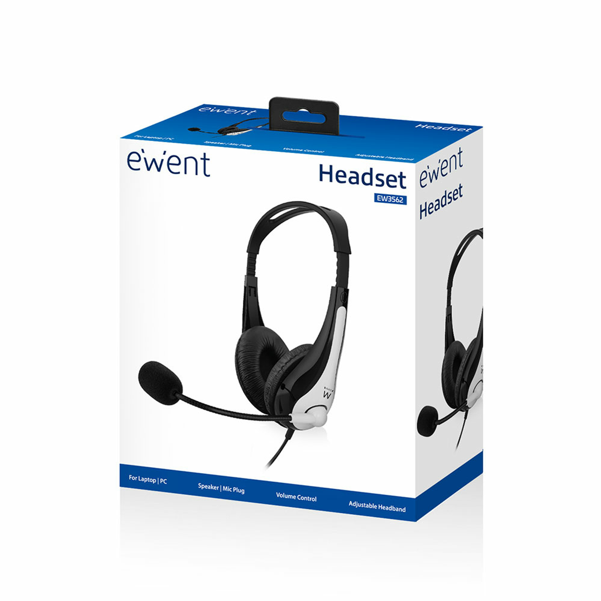 Caja de auriculares. Auriculares en blanco y negro. Tiene micrófono y control de volumen. La caja tiene texto.