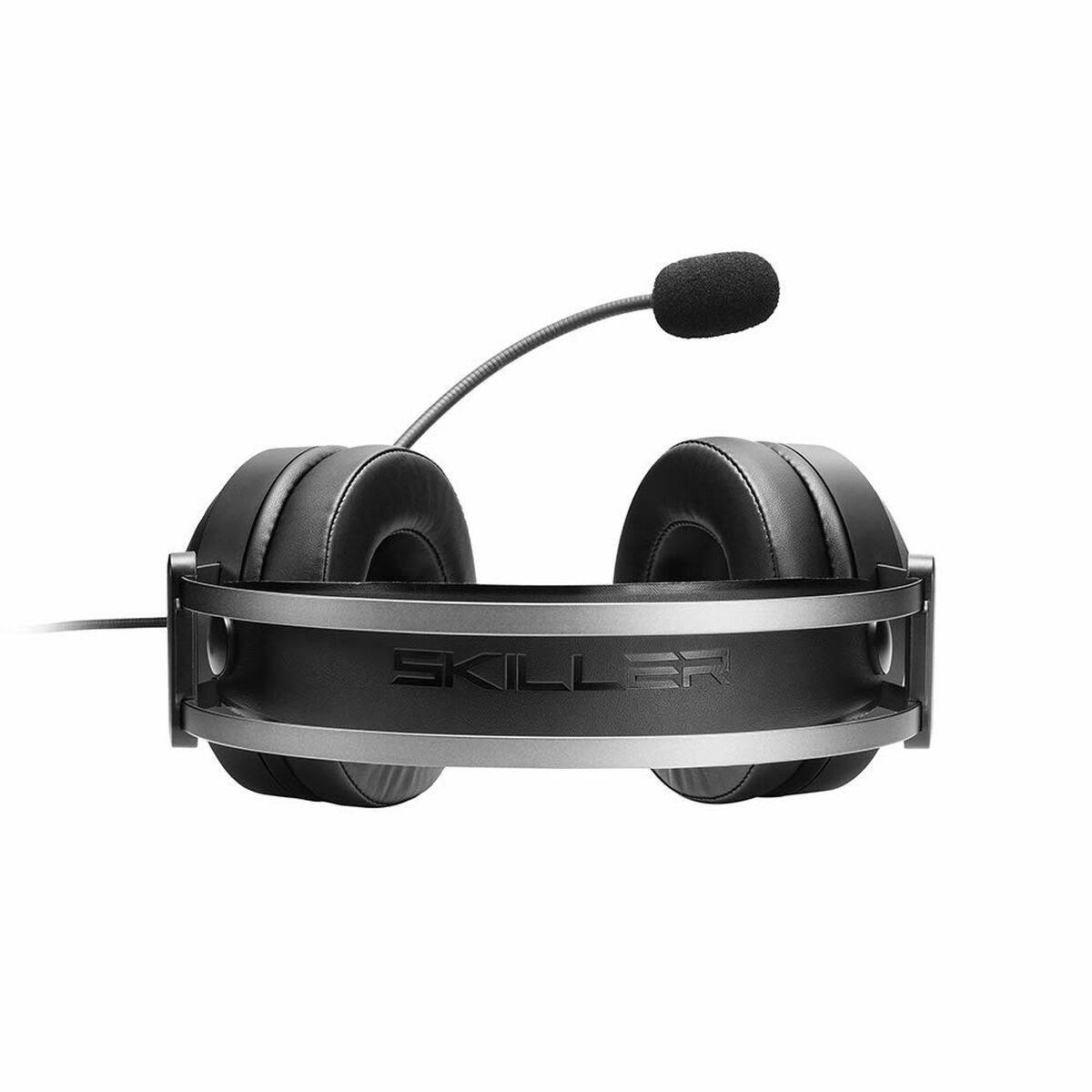 Schwarzes und silbernes Gaming-Headset mit Mikrofon. Das Wort 'SKILLER' steht auf dem Kopfband.
