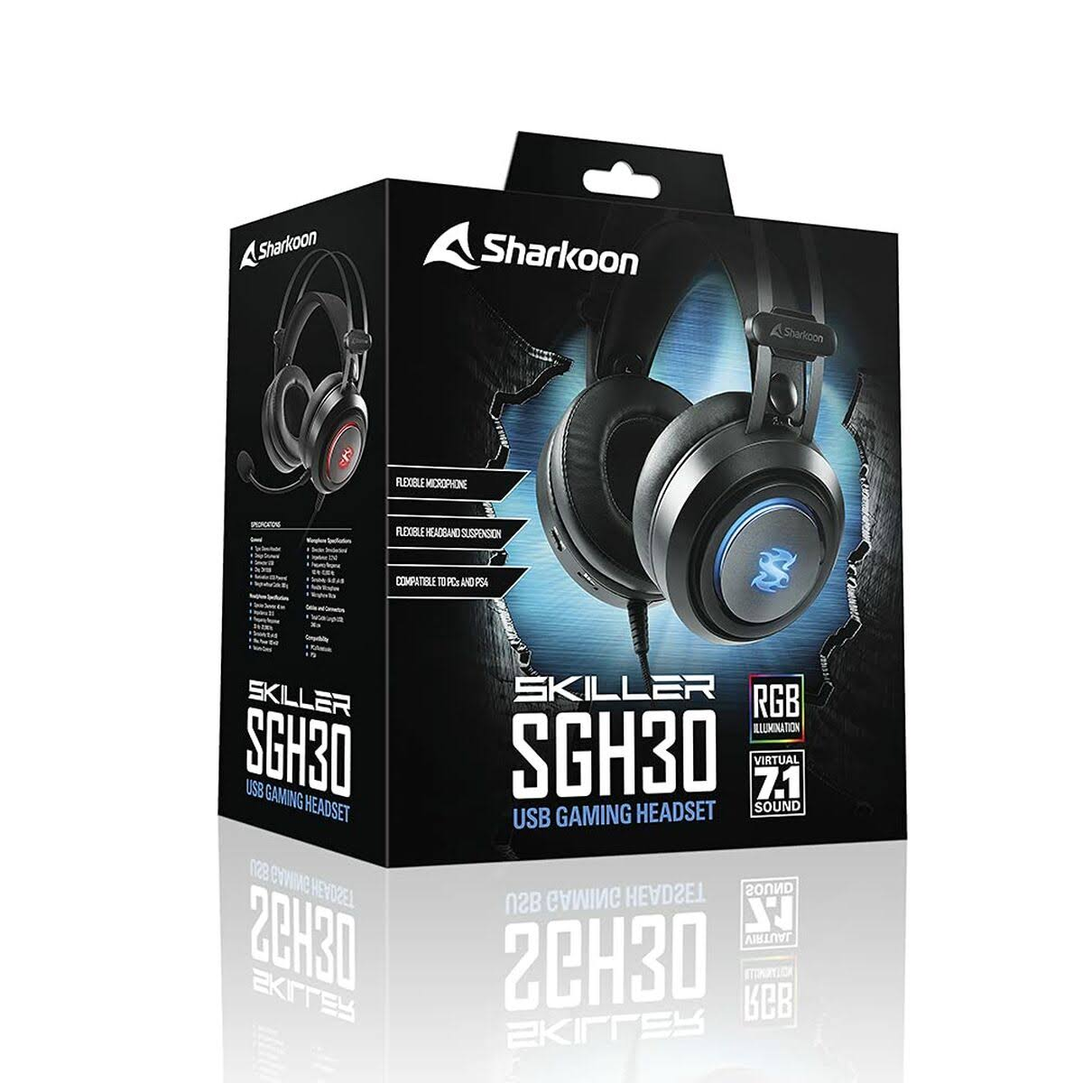 Gaming-Headset-Box. Das Headset ist schwarz und rot. Die Box hat Text und Grafiken.