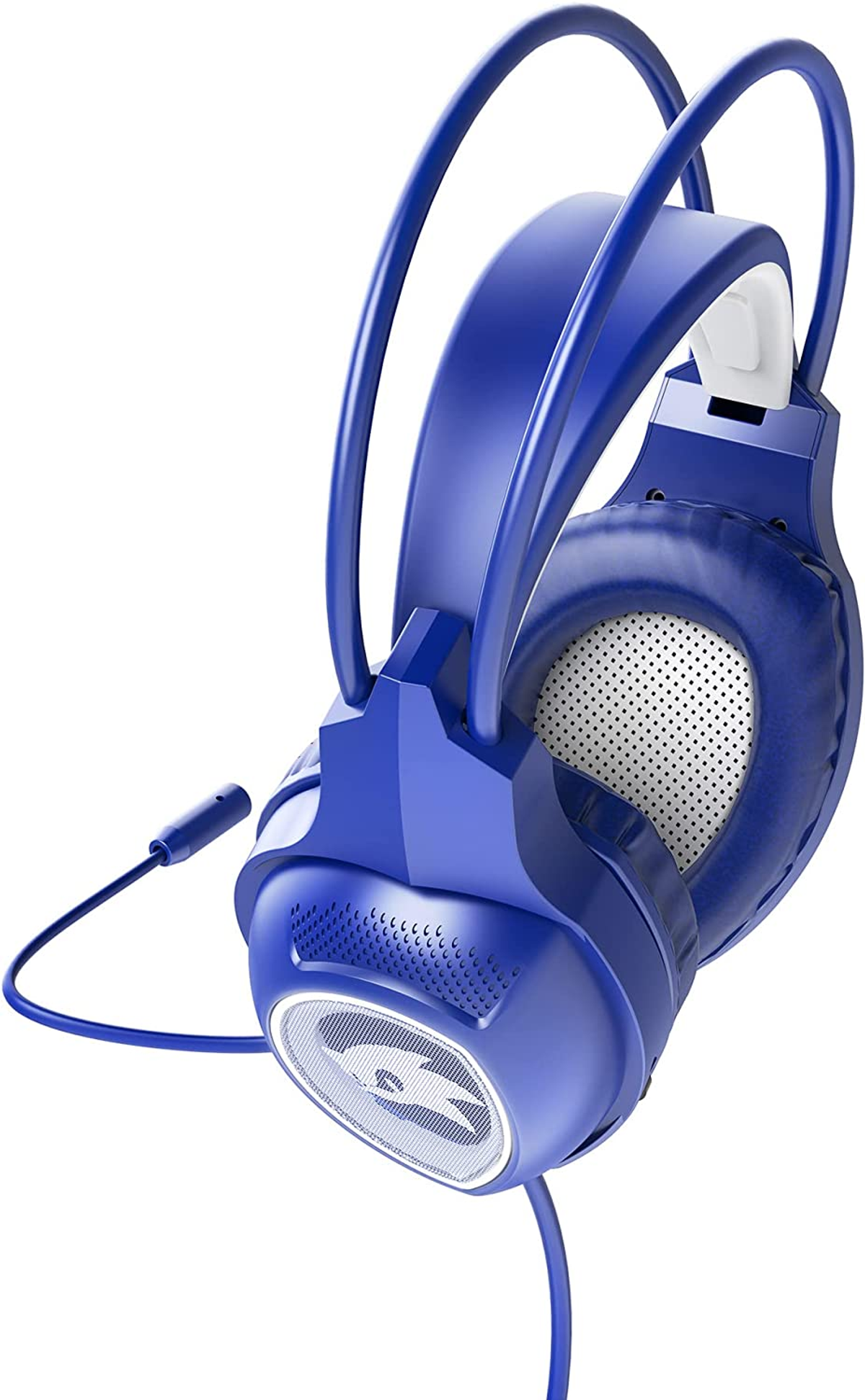 Niebieskie słuchawki dla graczy z mikrofonem. Posiadają konstrukcję zamkniętą.