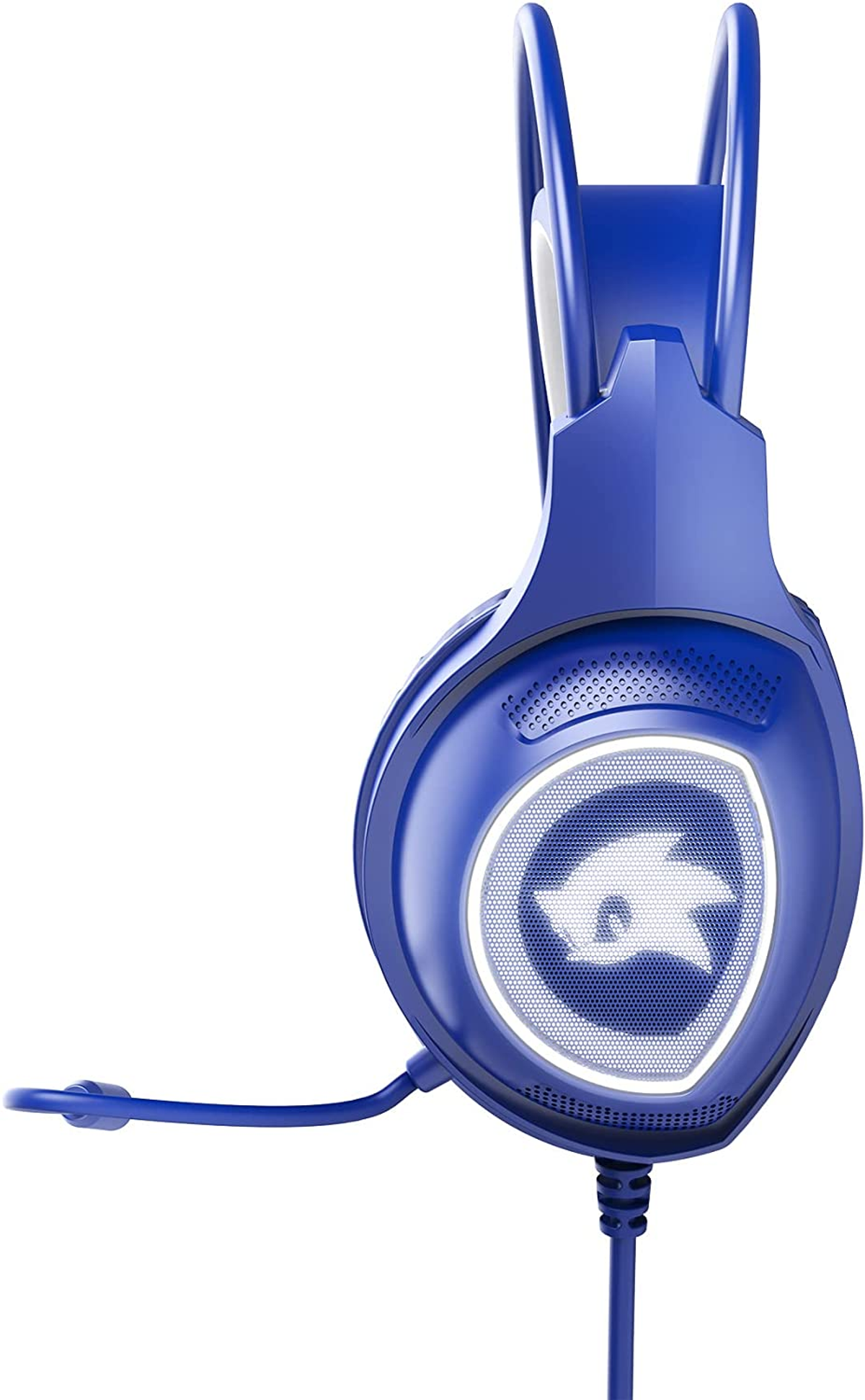 Niebieski zestaw słuchawkowy dla graczy z mikrofonem i logo.